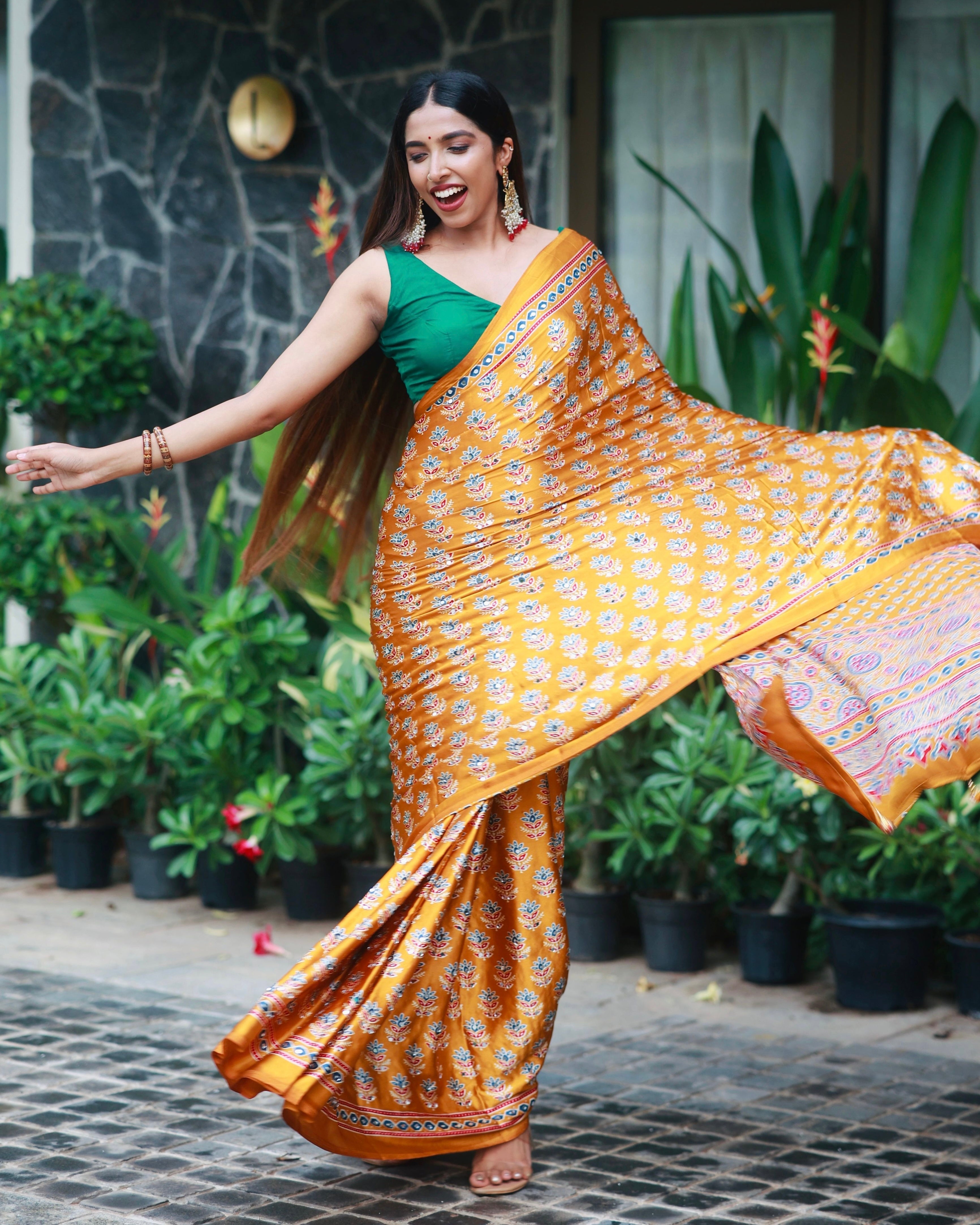 Mustard Gold Pure Modal Silk Saree with Ajrakh Inspired Floral Print & Heritage Designer Pallu