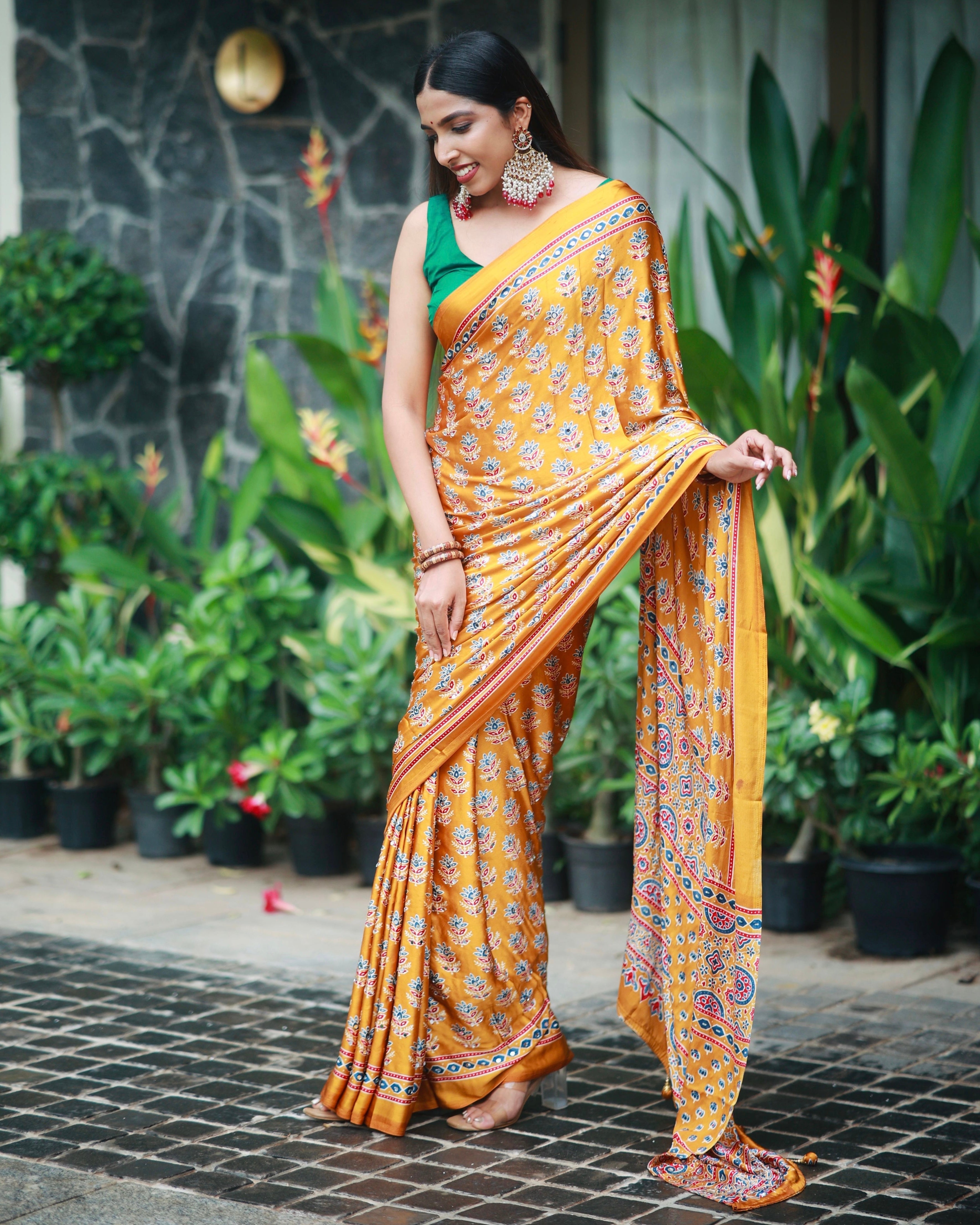 Mustard Gold Pure Modal Silk Saree with Ajrakh Inspired Floral Print & Heritage Designer Pallu
