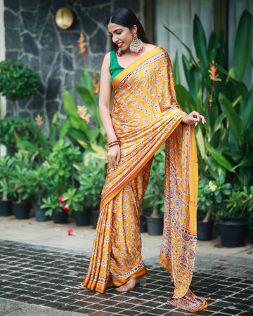 Mustard Gold Pure Modal Silk Saree with Ajrakh Inspired Floral Print & Heritage Designer Pallu