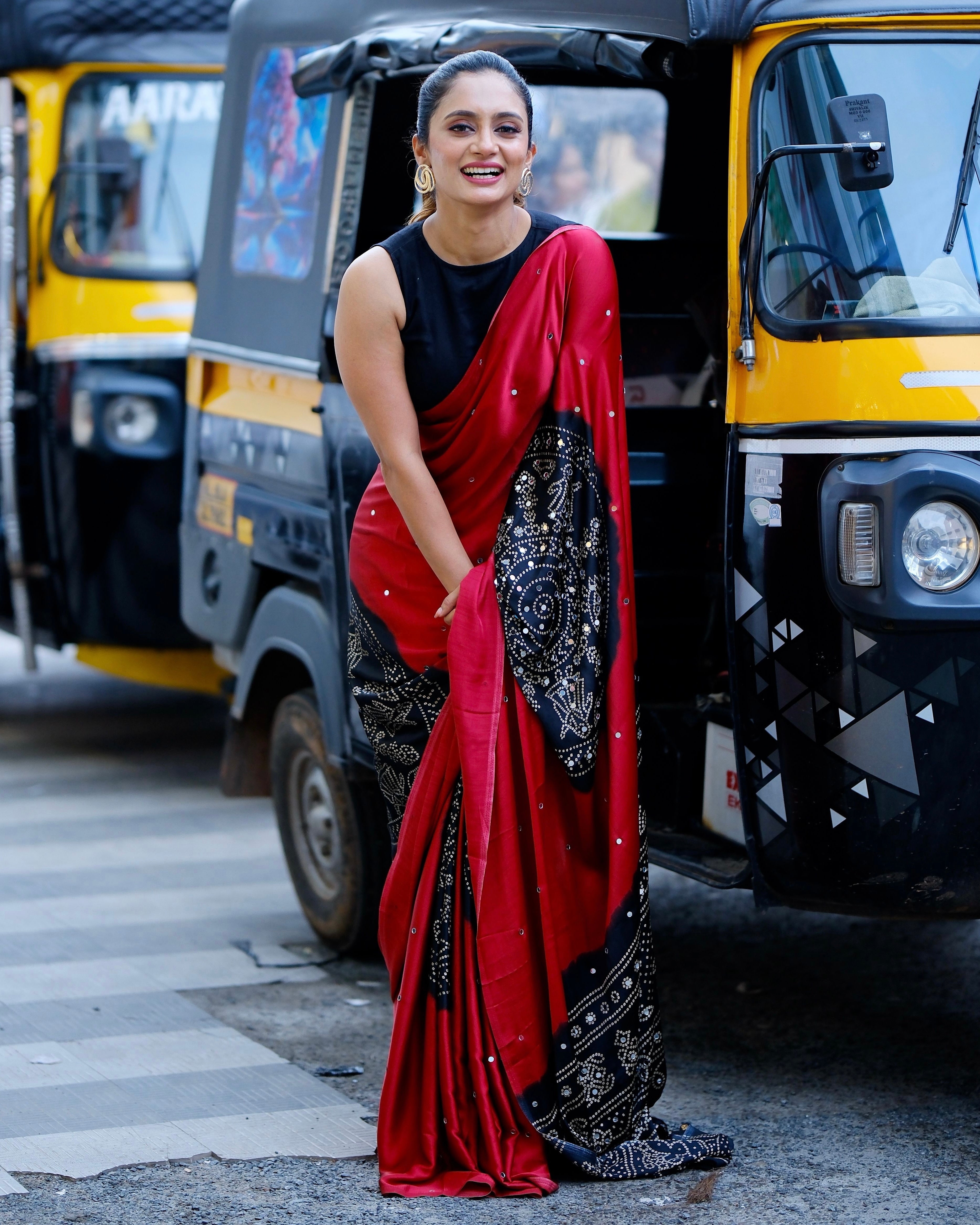 Women’s Ruby Red Pure Modal Silk Saree with Black Folk Art Border & Traditional Tribal Print Designer Pallu
