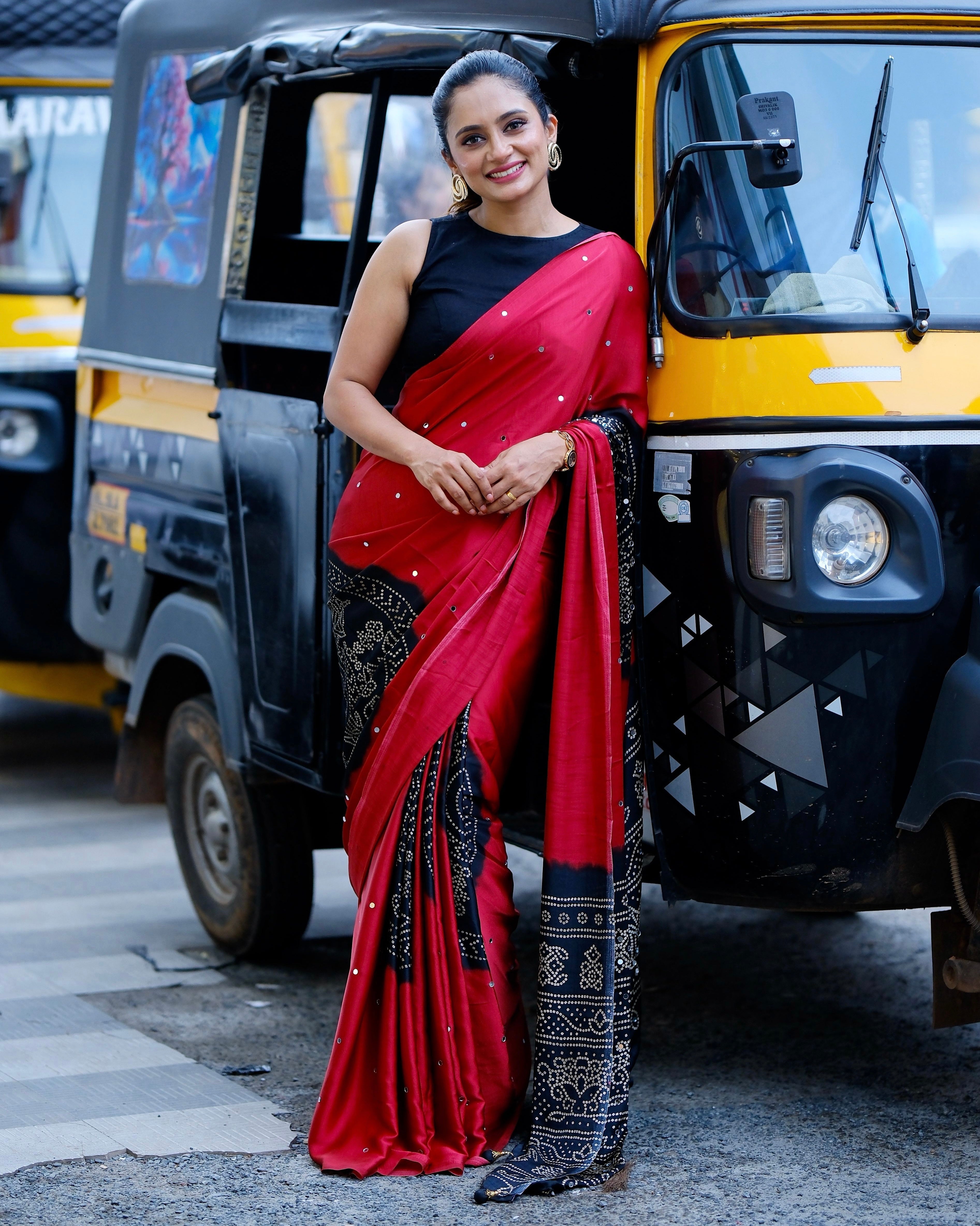 Women’s Ruby Red Pure Modal Silk Saree with Black Folk Art Border & Traditional Tribal Print Designer Pallu