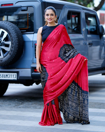 Women’s Ruby Red Pure Modal Silk Saree with Black Folk Art Border & Traditional Tribal Print Designer Pallu