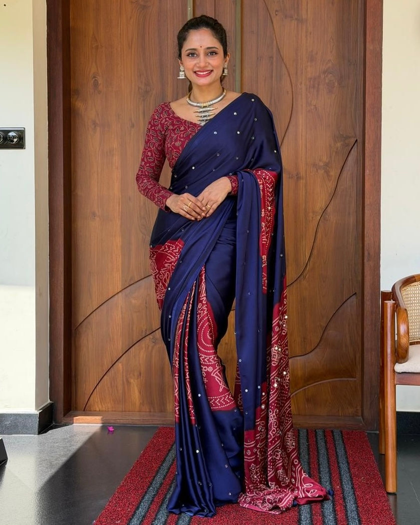 Royal Navy Blue Pure Modal Silk Saree with Wine Red Folk Art Print & Heritage Designer Pallu