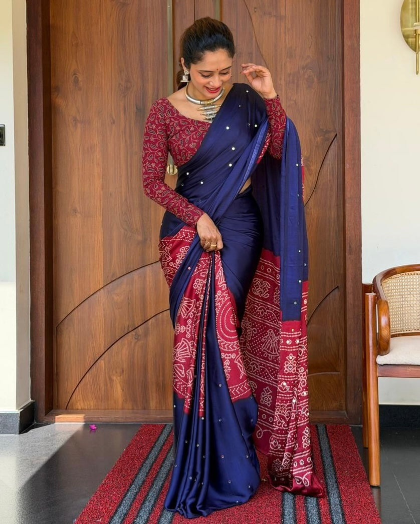 Royal Navy Blue Pure Modal Silk Saree with Wine Red Folk Art Print & Heritage Designer Pallu