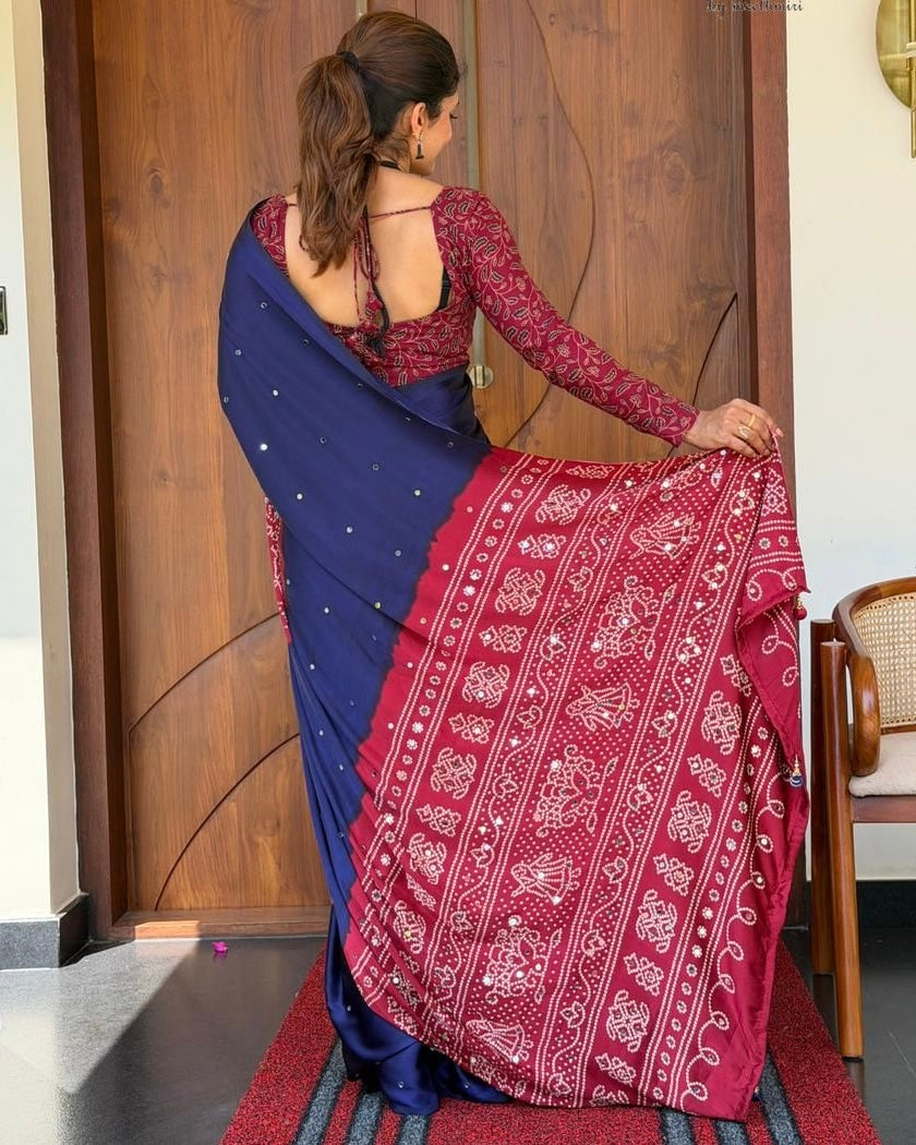 Royal Navy Blue Pure Modal Silk Saree with Wine Red Folk Art Print & Heritage Designer Pallu