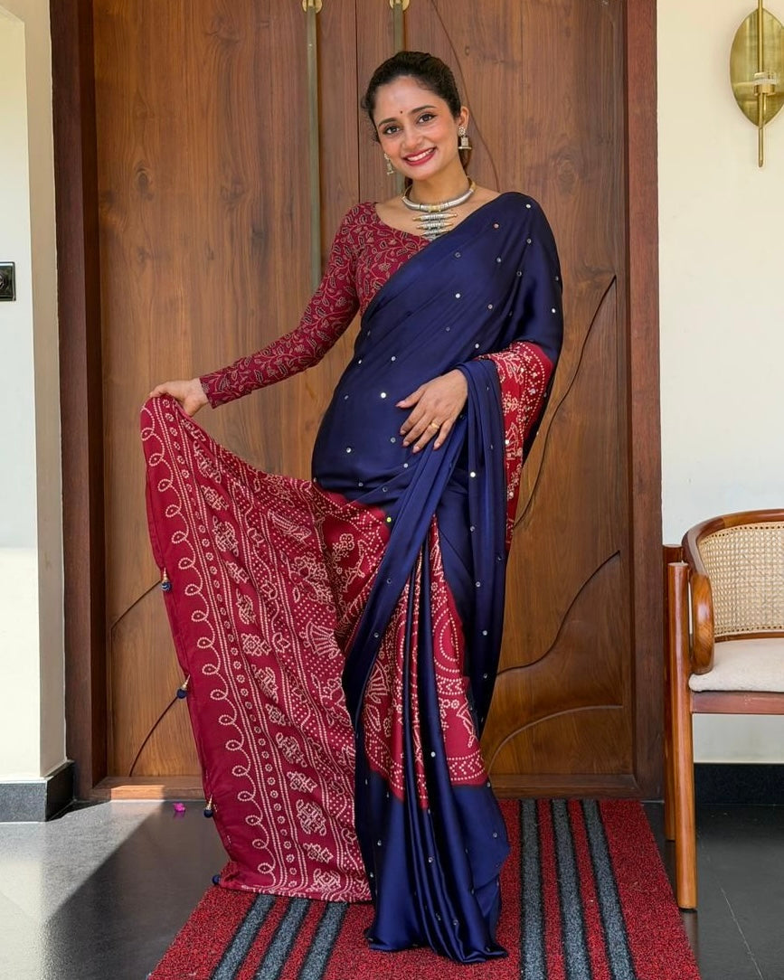 Royal Navy Blue Pure Modal Silk Saree with Wine Red Folk Art Print & Heritage Designer Pallu