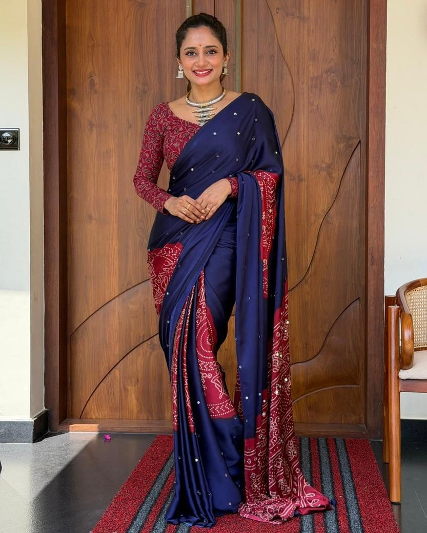 Royal Navy Blue Pure Modal Silk Saree with Wine Red Folk Art Print & Heritage Designer Pallu