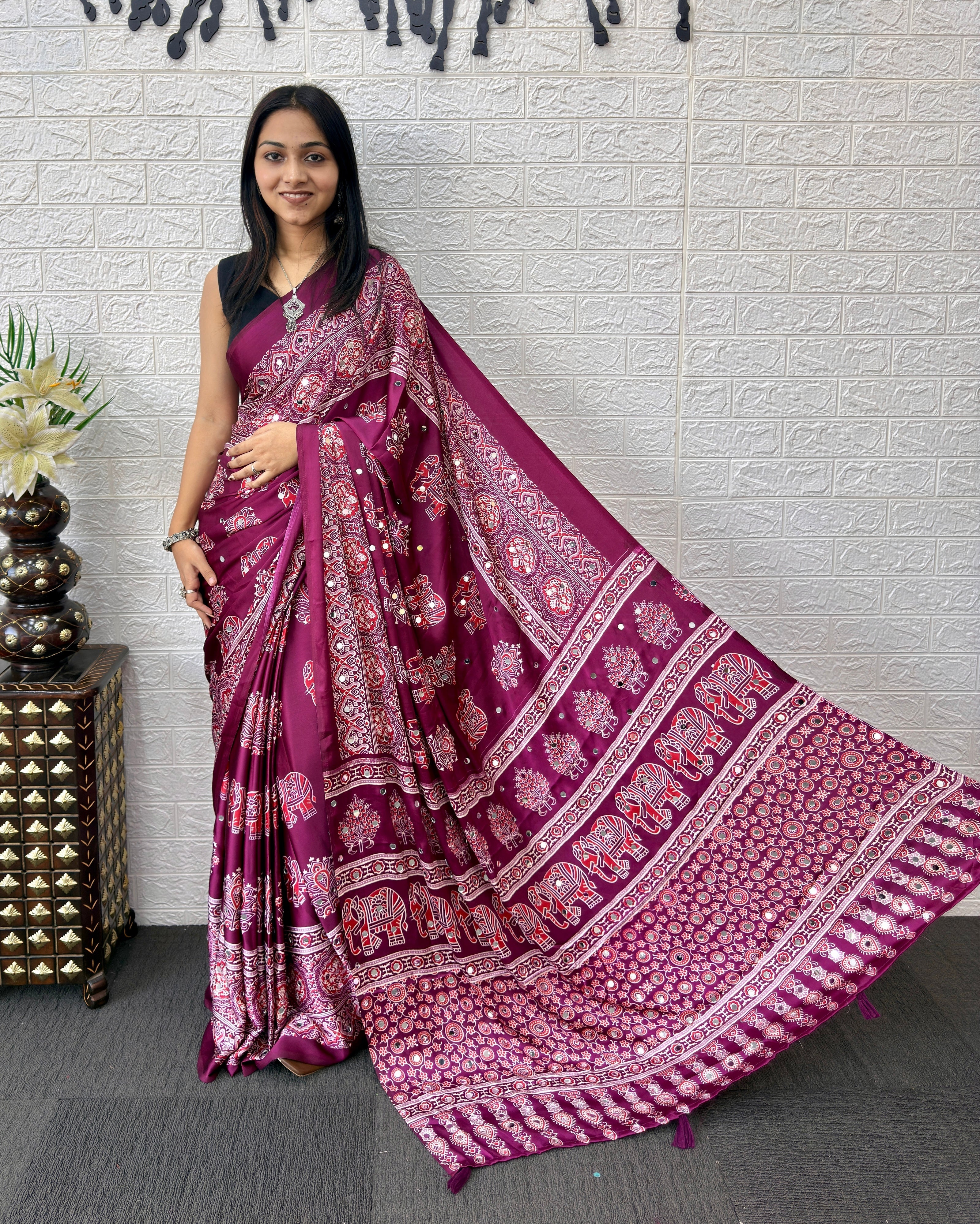 Plum Purple Modal Silk Saree with Elephant Motif Print & Heritage Designer Pallu | Traditional Festive Wear Saree
