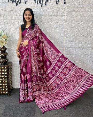 Plum Purple Modal Silk Saree with Elephant Motif Print & Heritage Designer Pallu | Traditional Festive Wear Saree