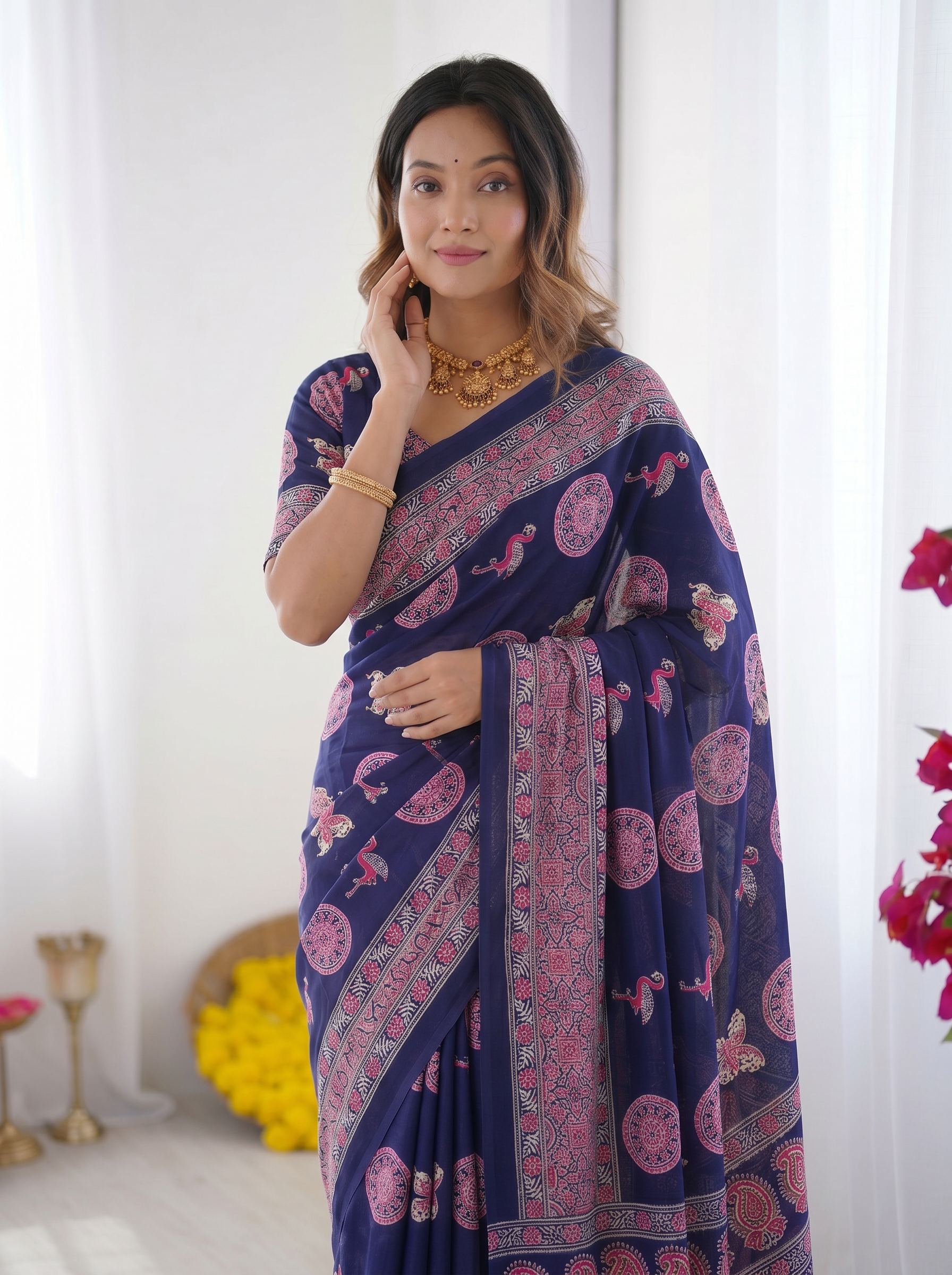 Navy Blue Modal Silk Saree with Paisley & Circular Motif Print | Designer Heritage Pallu Saree for Festive Wear