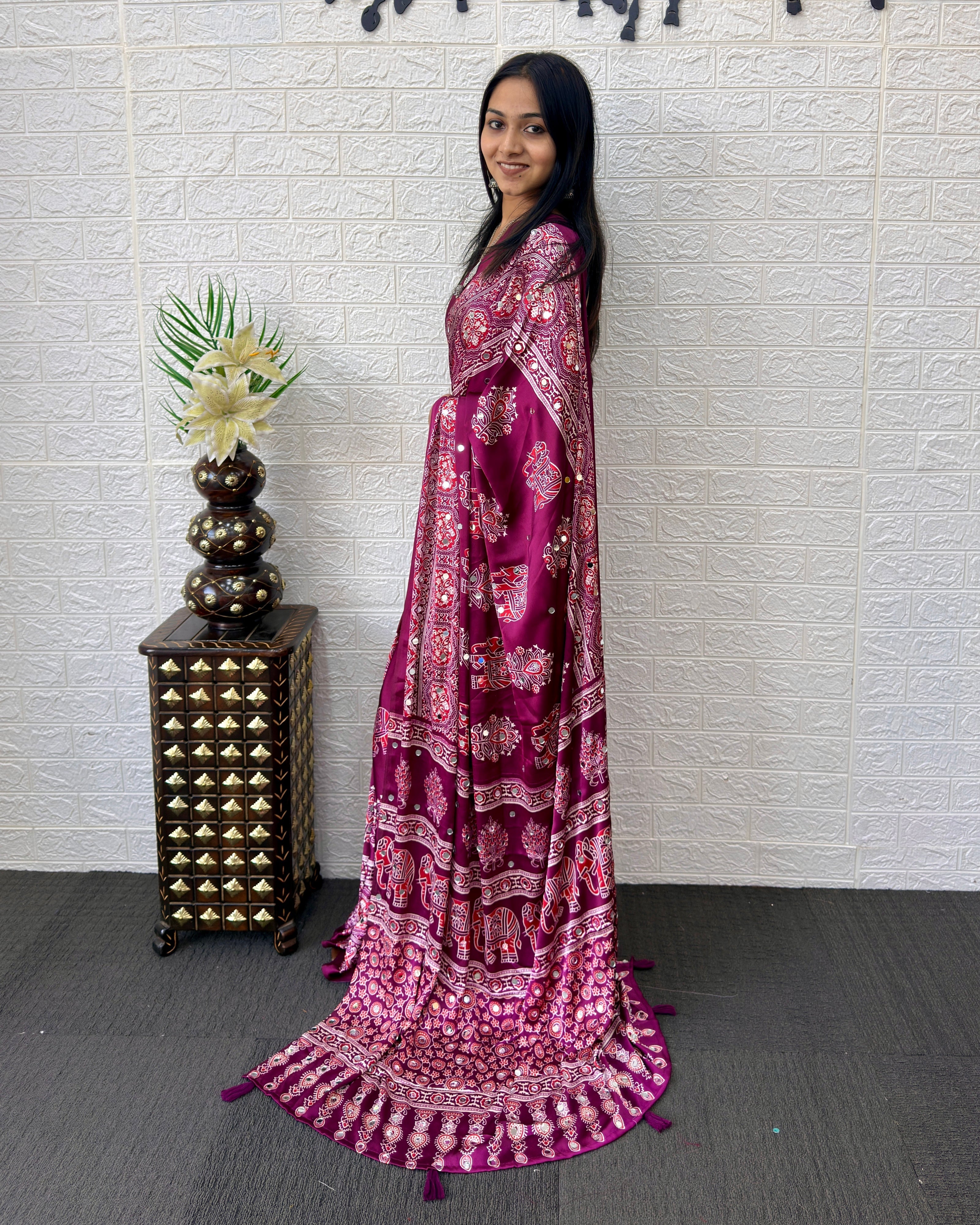 Plum Purple Modal Silk Saree with Elephant Motif Print & Heritage Designer Pallu | Traditional Festive Wear Saree
