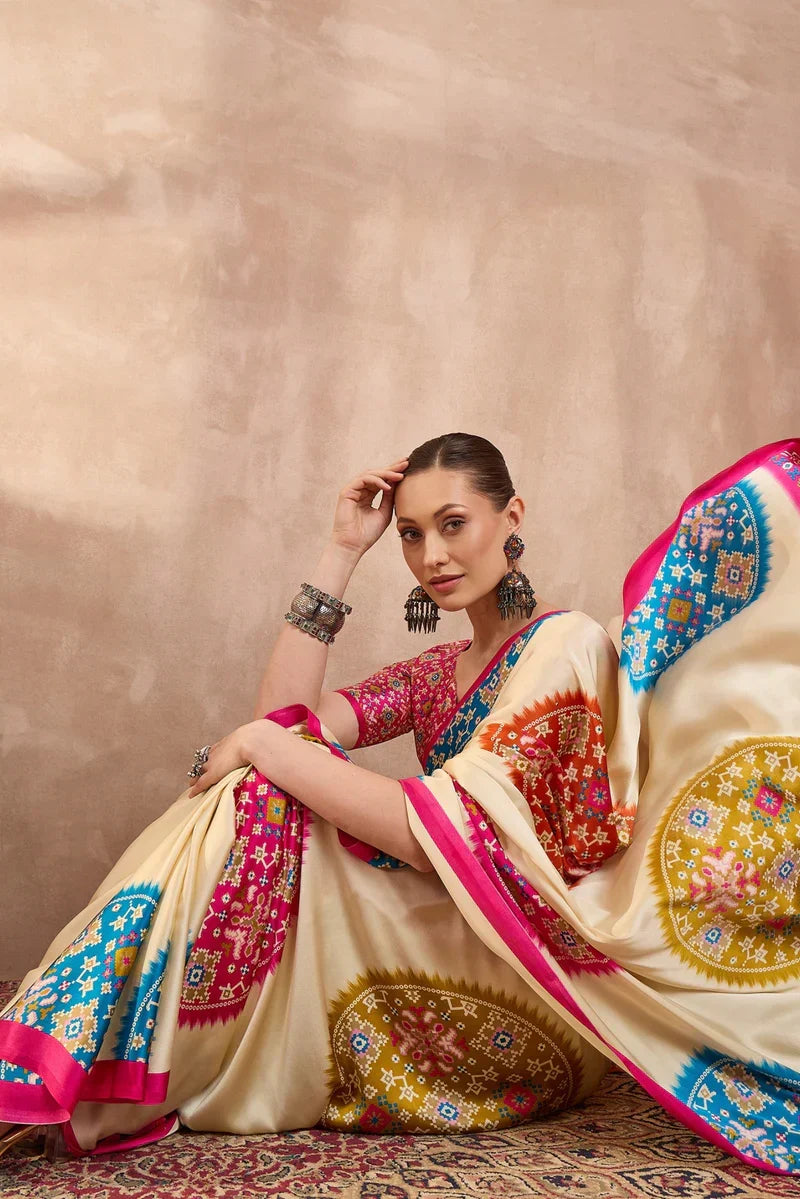 Cream Modal Silk Saree with Multicolor Patola-Inspired Print & Rani Pink Border | Designer Festive Wear Saree
