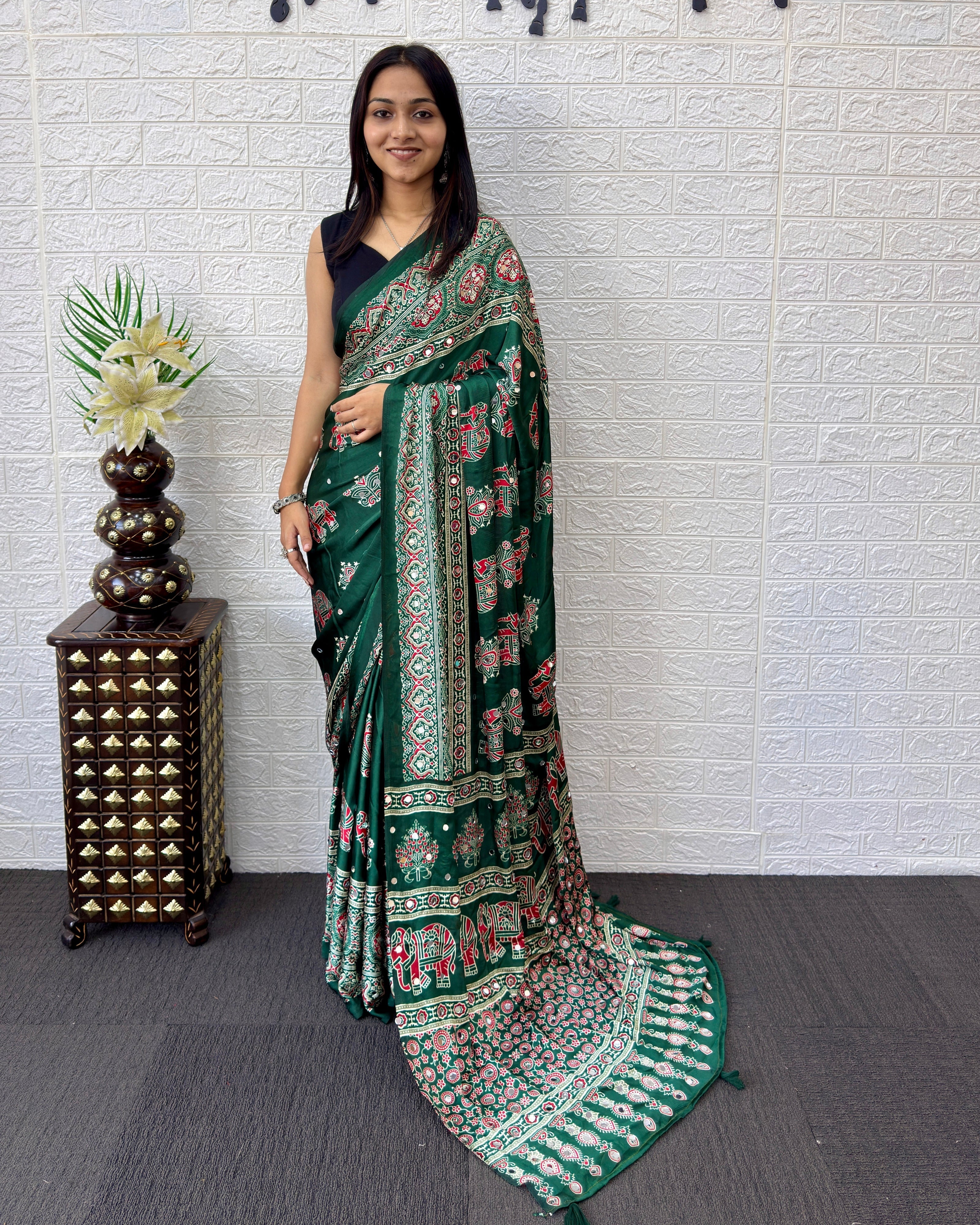 Forest Green Modal Silk Saree with Elephant Motif Ajrakh Print & Designer Heritage Pallu | Traditional Festive Wear Saree