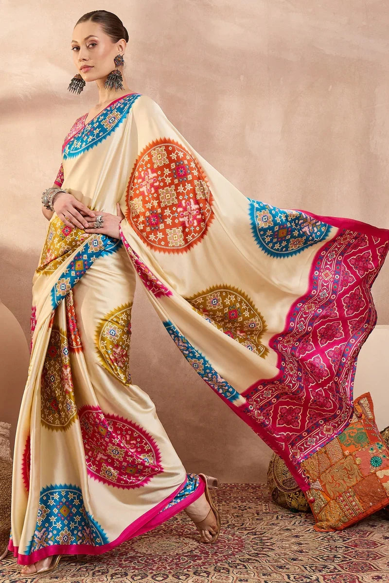 Cream Modal Silk Saree with Multicolor Patola-Inspired Print & Rani Pink Border | Designer Festive Wear Saree
