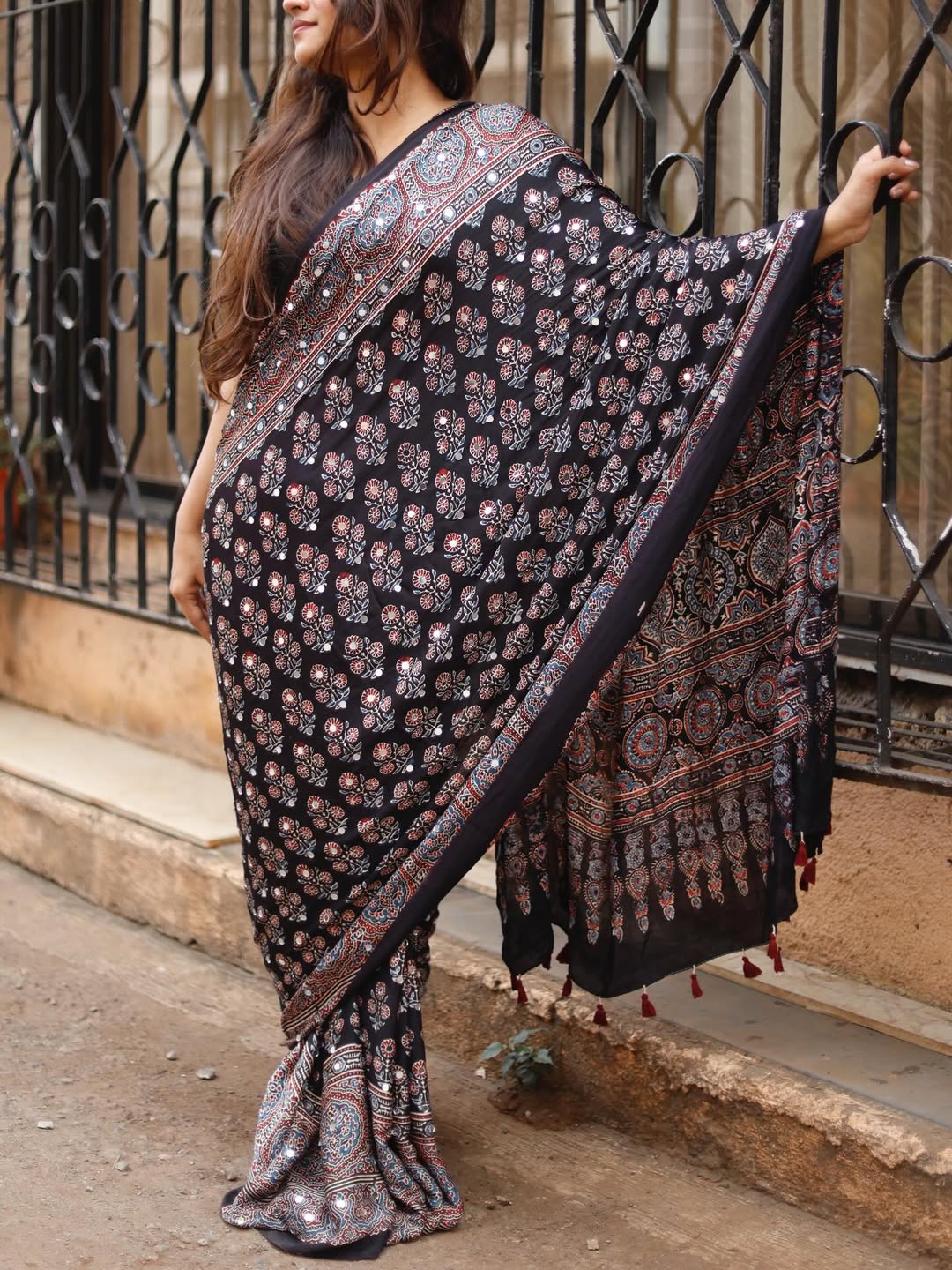 Black Ajrakh Printed Modal Silk Saree with Tassels & Attached Blouse | Traditional Ethnic & Festive Wear Saree