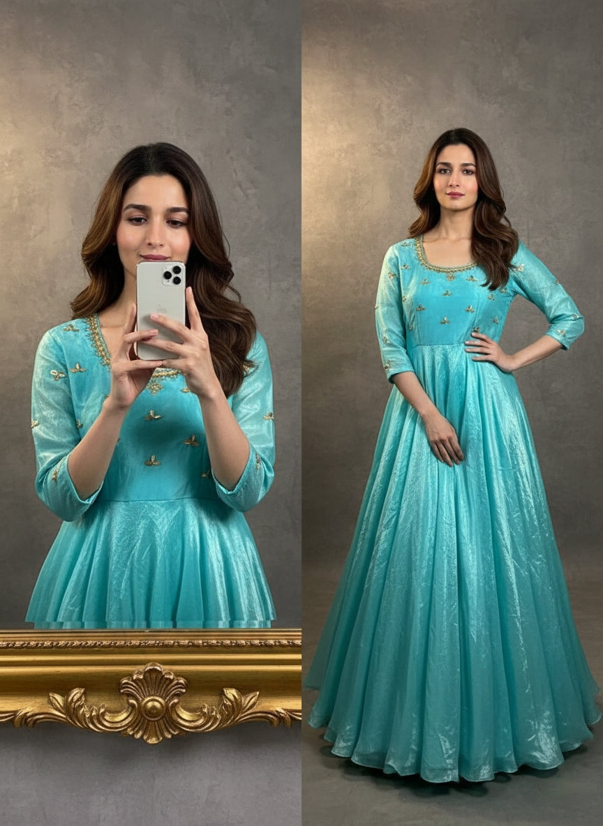 Anarkali Gown Firozi Space Silk with Moti Handwork