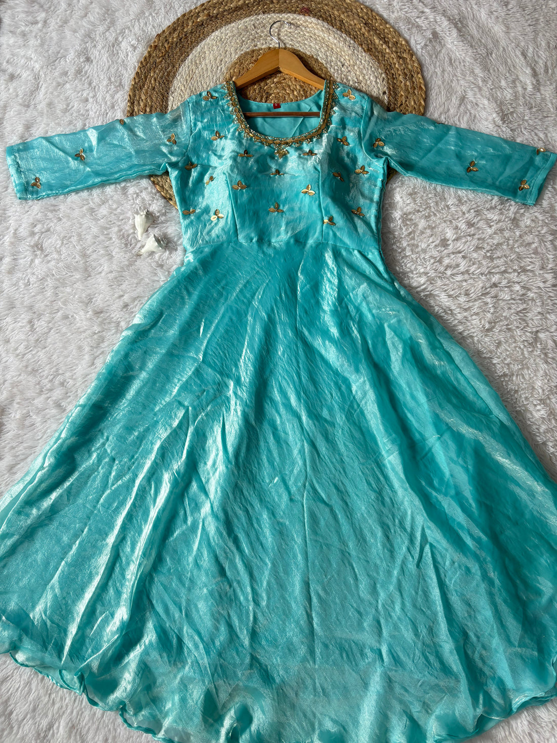Anarkali Gown Firozi Space Silk with Moti Handwork