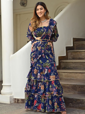 Trendy Navy Blue Printed Ruffle Saree with Lace Border