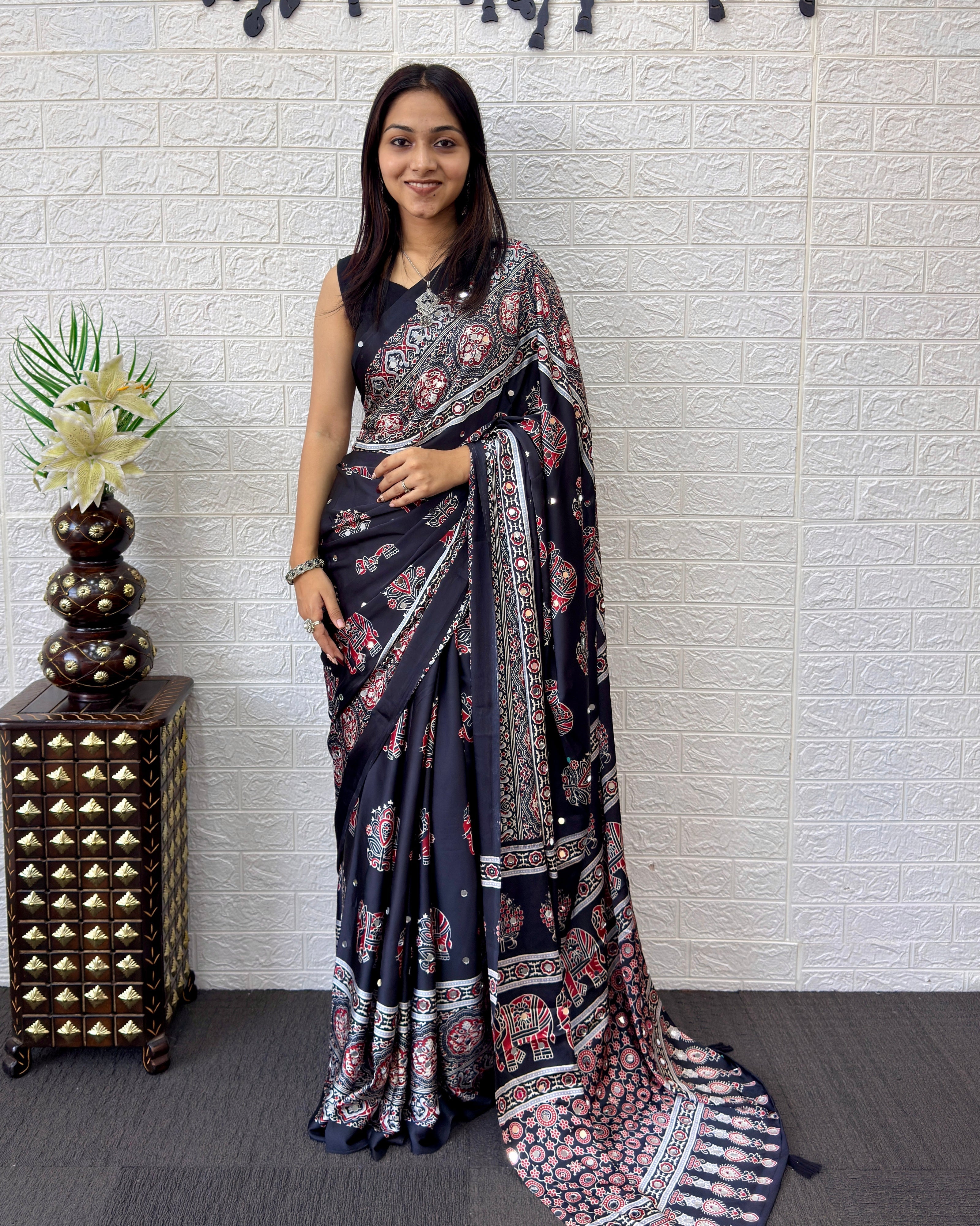 Black Modal Silk Saree with Elephant Motif Ajrakh Print & Heritage Designer Pallu | Traditional Festive Wear Saree