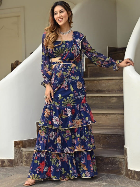 Trendy Navy Blue Printed Ruffle Saree with Lace Border