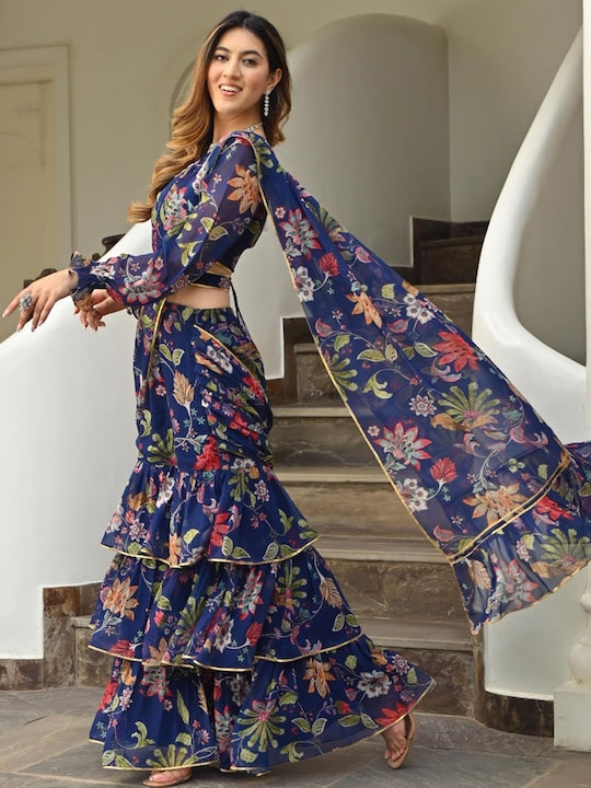 Trendy Navy Blue Printed Ruffle Saree with Lace Border