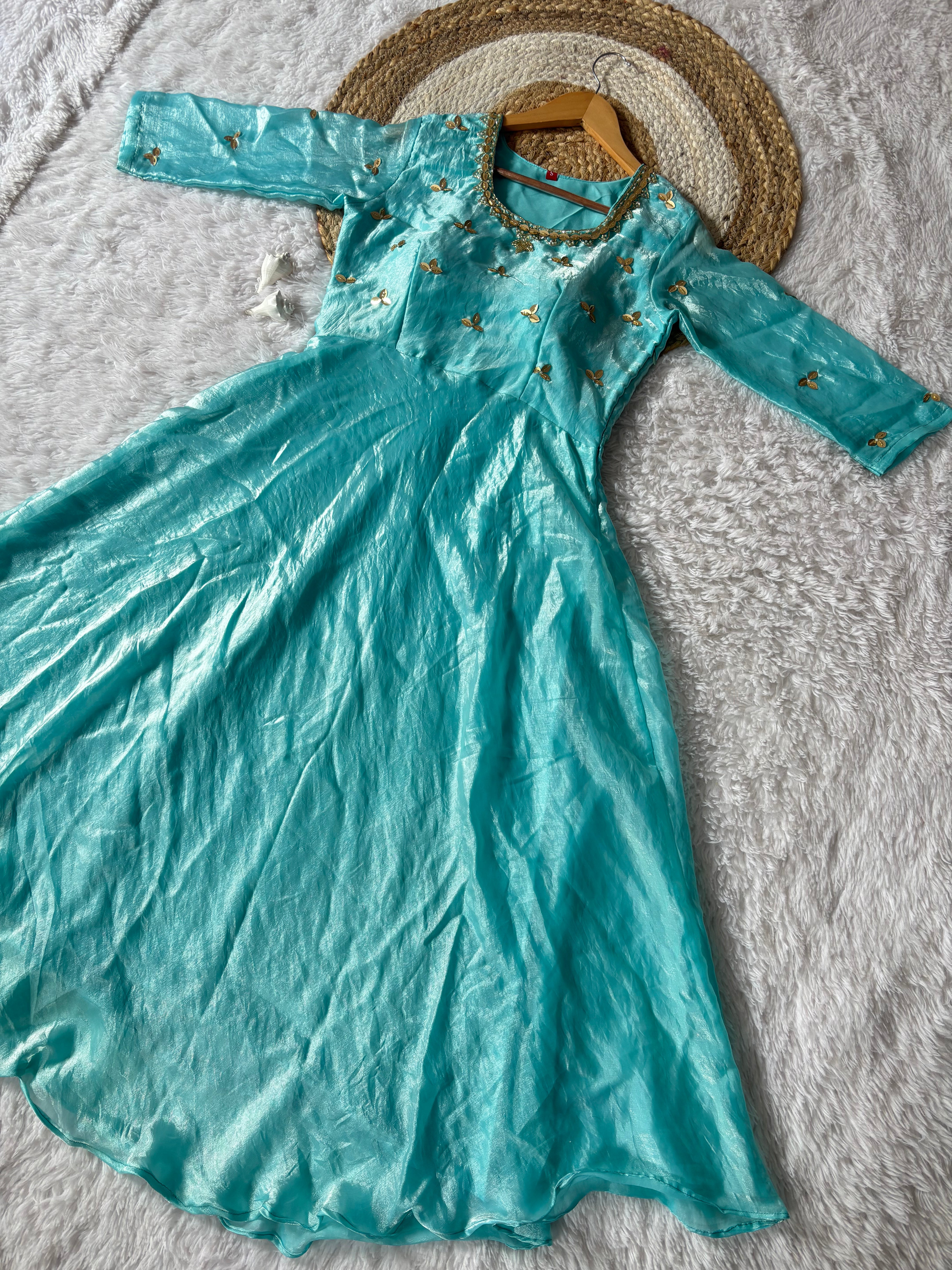 Anarkali Gown Firozi Space Silk with Moti Handwork