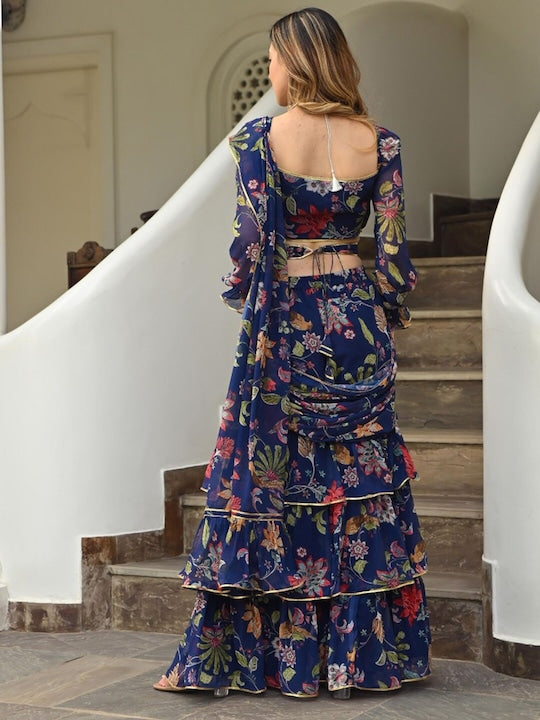 Trendy Navy Blue Printed Ruffle Saree with Lace Border