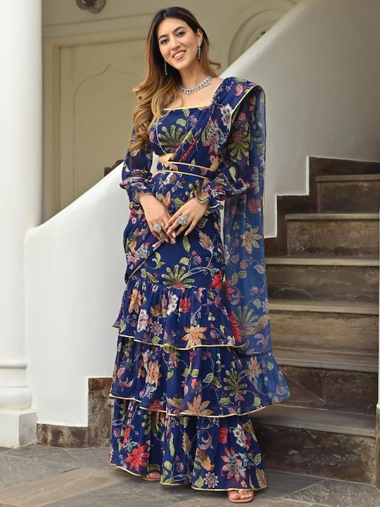 Trendy Navy Blue Printed Ruffle Saree with Lace Border