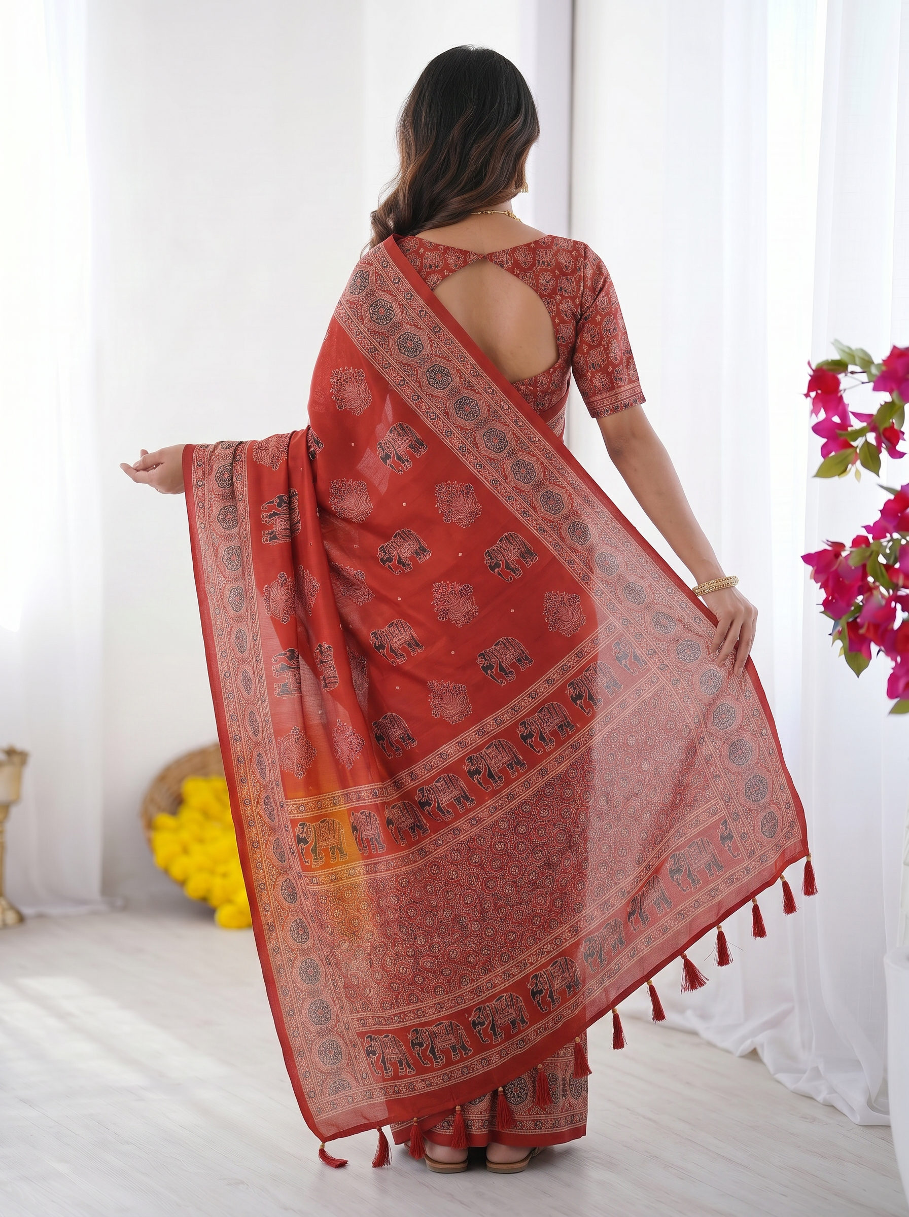 Rust Red Modal Silk Saree with Elephant Motif Ajrakh Print & Designer Pallu | Traditional Ethnic Festive Wear Saree