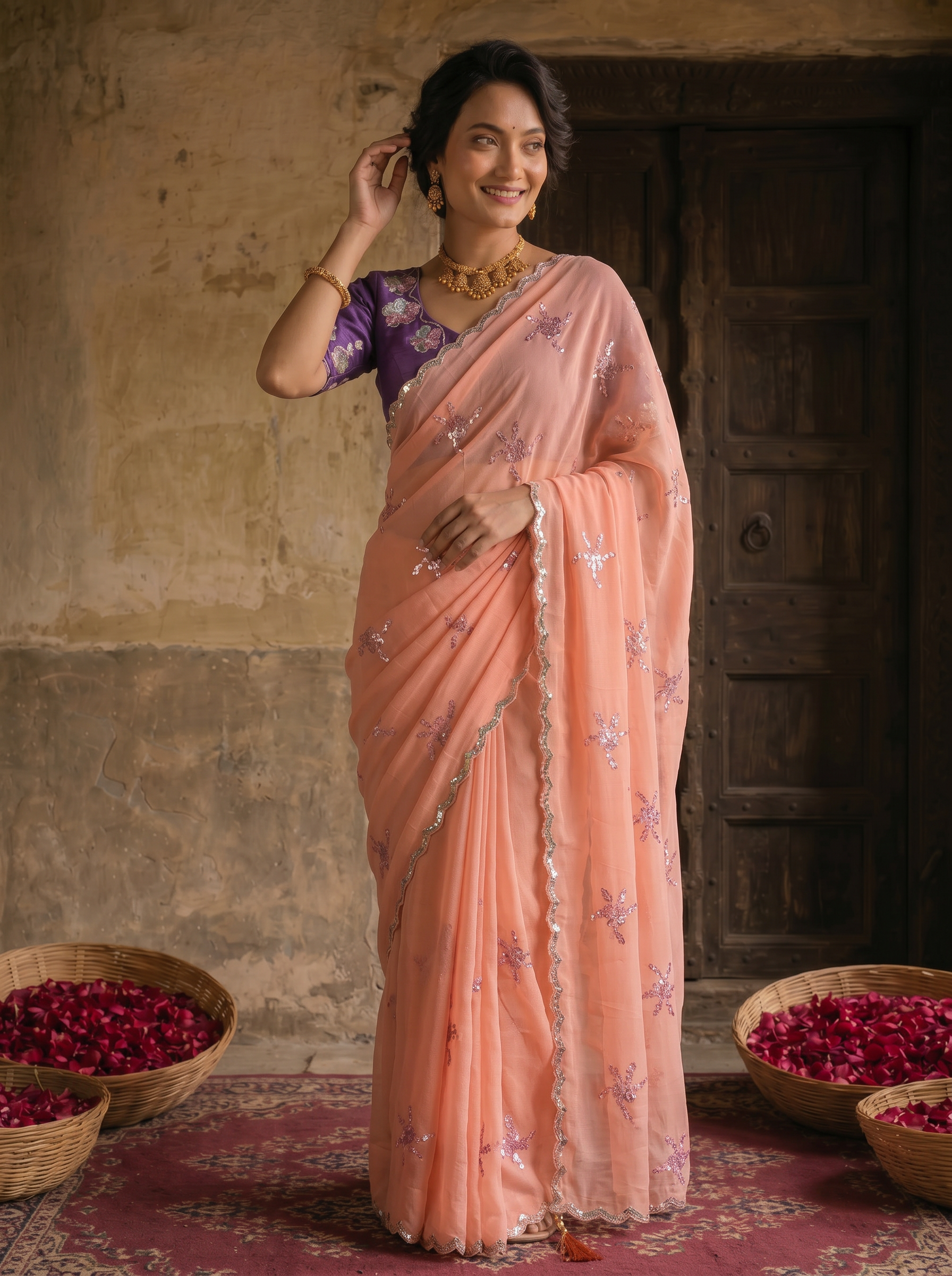 Peach Pink Georgette Embroidered Saree with Floral Sequin Work & Contrast Purple Blouse