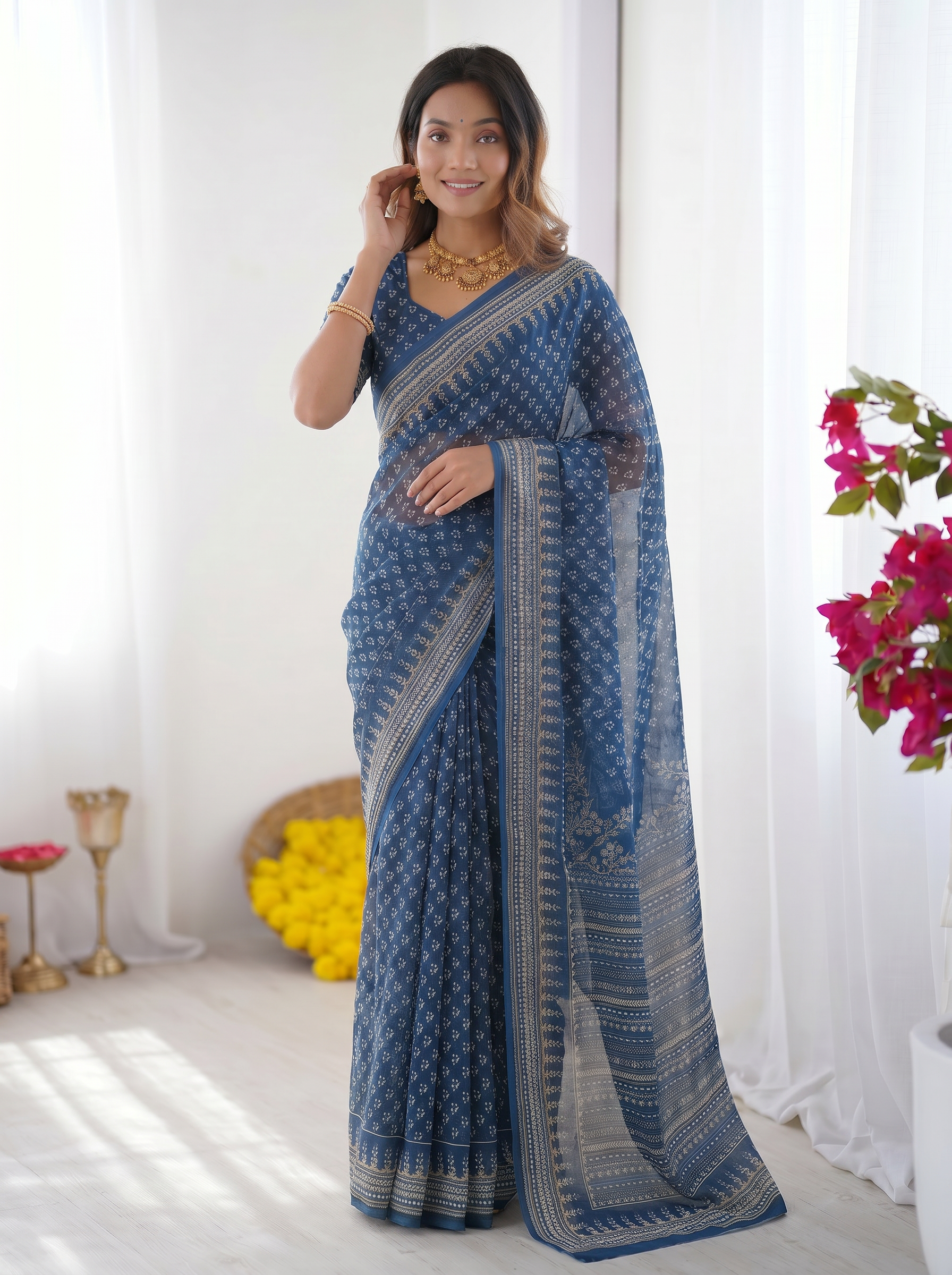 Steel Blue Modal Silk Saree with Delicate Floral Butti Prints, Traditional Heritage Border & Elegant Designer Pallu