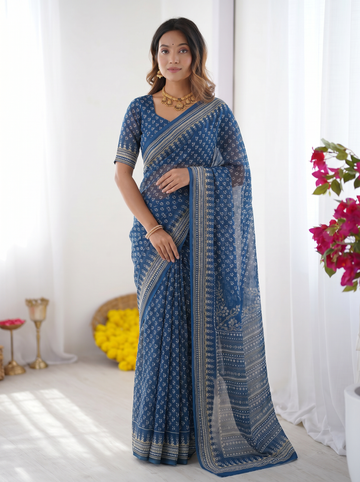 Steel Blue Modal Silk Saree with Delicate Floral Butti Prints, Traditional Heritage Border & Elegant Designer Pallu