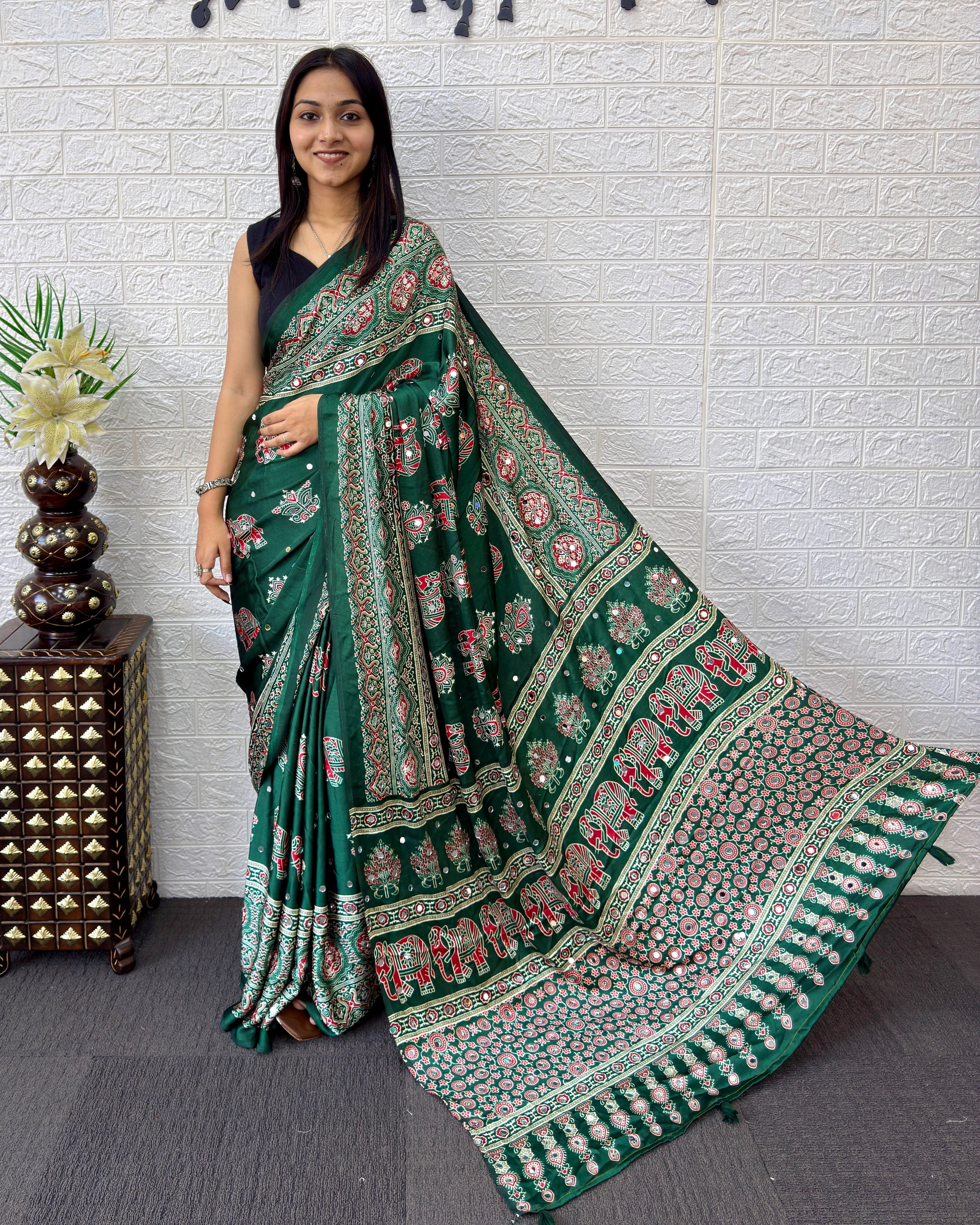 Forest Green Modal Silk Saree with Elephant Motif Ajrakh Print & Designer Heritage Pallu | Traditional Festive Wear Saree
