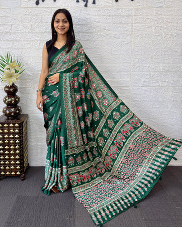 Forest Green Modal Silk Saree with Elephant Motif Ajrakh Print & Designer Heritage Pallu | Traditional Festive Wear Saree