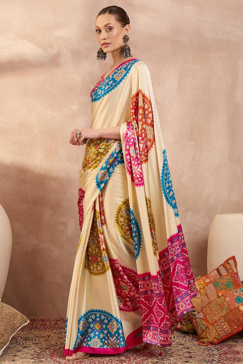 Cream Modal Silk Saree with Multicolor Patola-Inspired Print & Rani Pink Border | Designer Festive Wear Saree