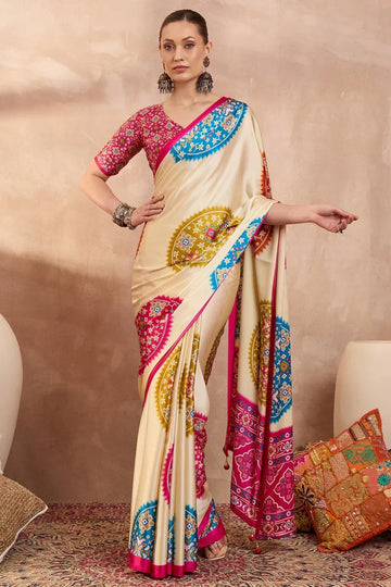 Cream Modal Silk Saree with Multicolor Patola-Inspired Print & Rani Pink Border | Designer Festive Wear Saree