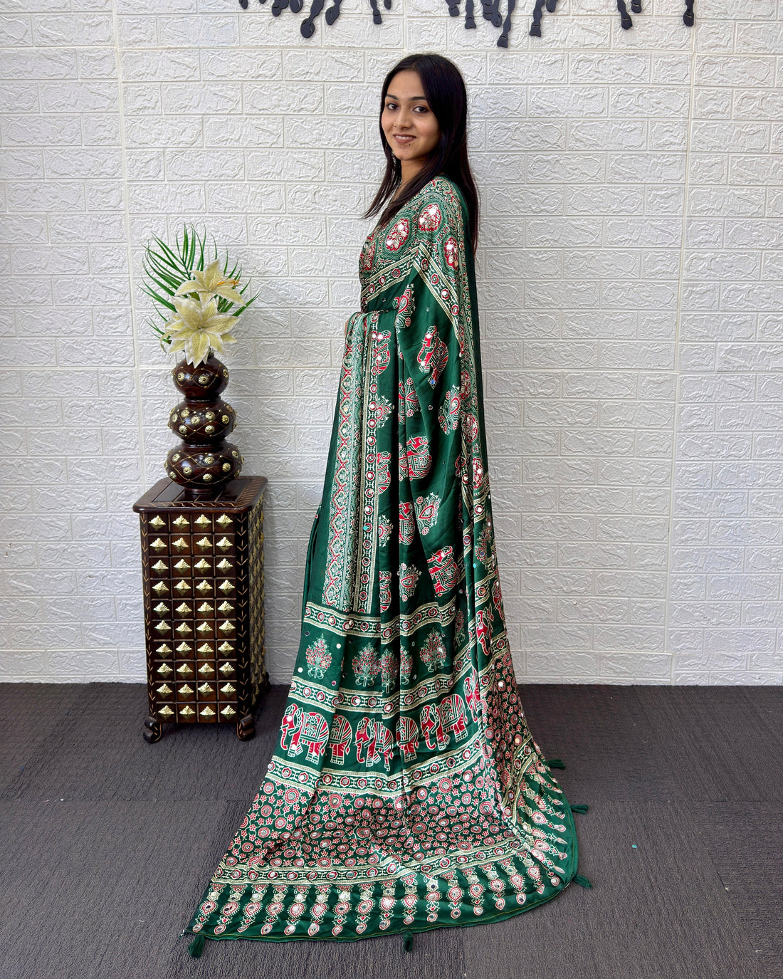 Forest Green Modal Silk Saree with Elephant Motif Ajrakh Print & Designer Heritage Pallu | Traditional Festive Wear Saree
