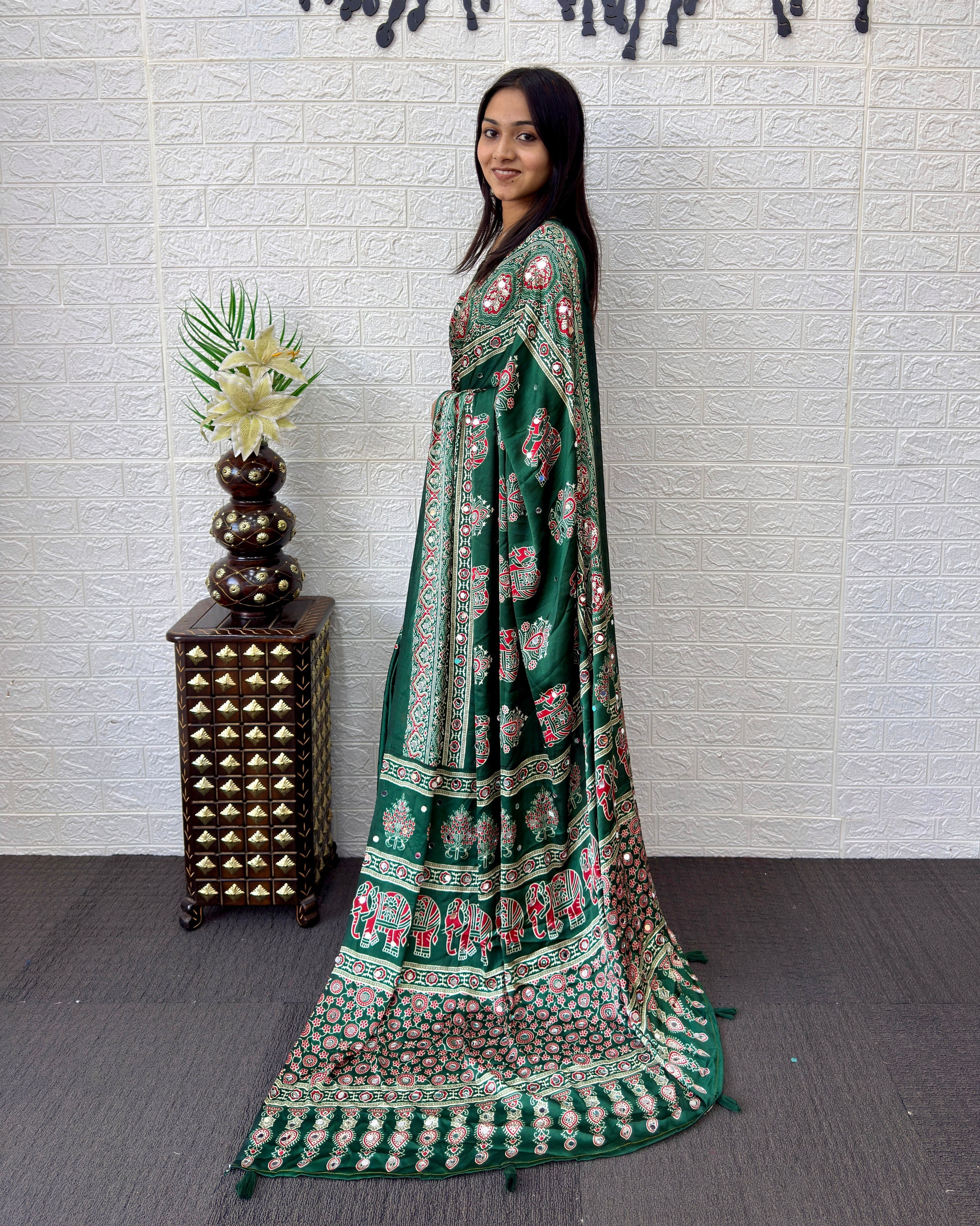 Forest Green Modal Silk Saree with Elephant Motif Ajrakh Print & Designer Heritage Pallu | Traditional Festive Wear Saree