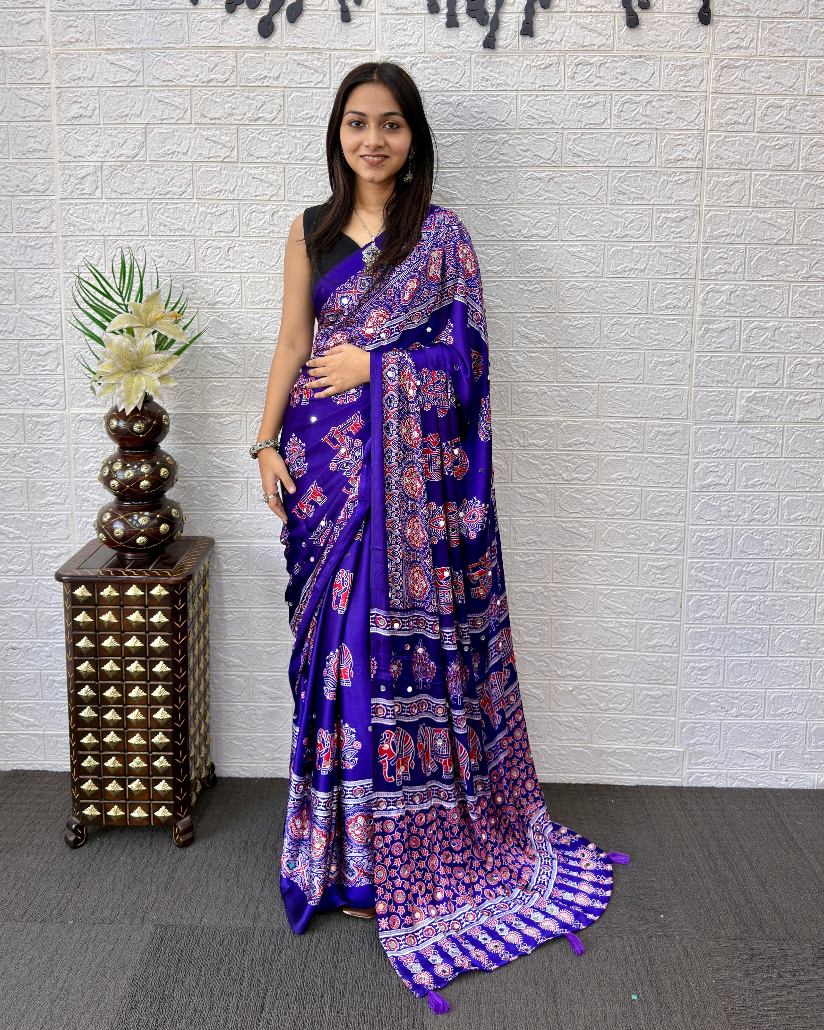 Ajrakh Print Saree Royal Purple Modal Silk with Elephant Motifs, Designer Pallu & Tassels | Festive & Ethnic Wear Saree
