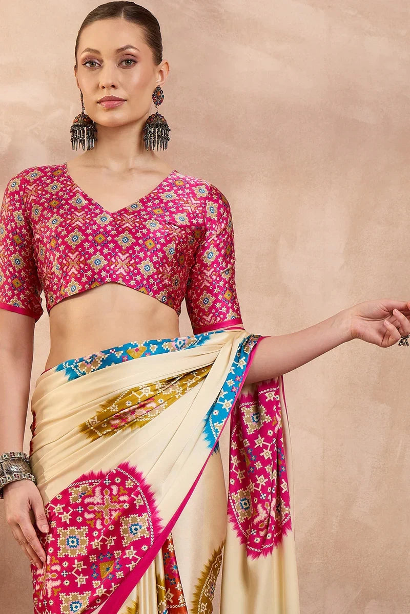 Cream Modal Silk Saree with Multicolor Patola-Inspired Print & Rani Pink Border | Designer Festive Wear Saree