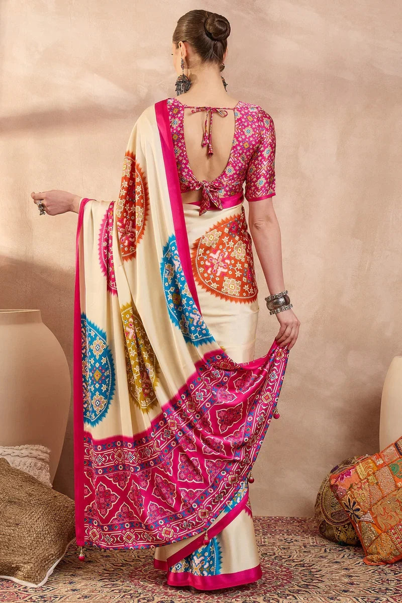 Cream Modal Silk Saree with Multicolor Patola-Inspired Print & Rani Pink Border | Designer Festive Wear Saree