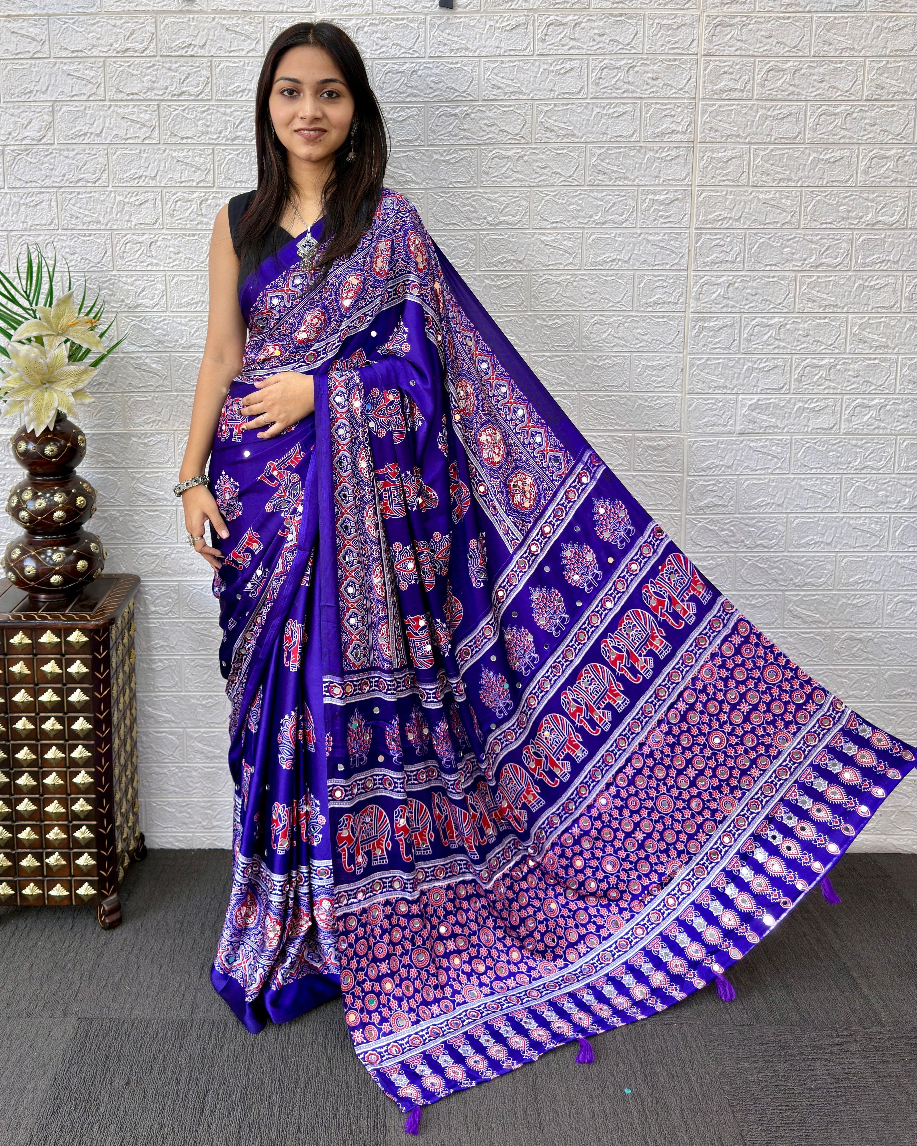 Ajrakh Print Saree Royal Purple Modal Silk with Elephant Motifs, Designer Pallu & Tassels | Festive & Ethnic Wear Saree
