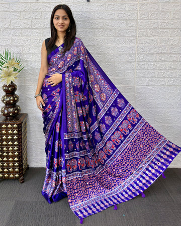 Ajrakh Print Saree Royal Purple Modal Silk with Elephant Motifs, Designer Pallu & Tassels | Festive & Ethnic Wear Saree