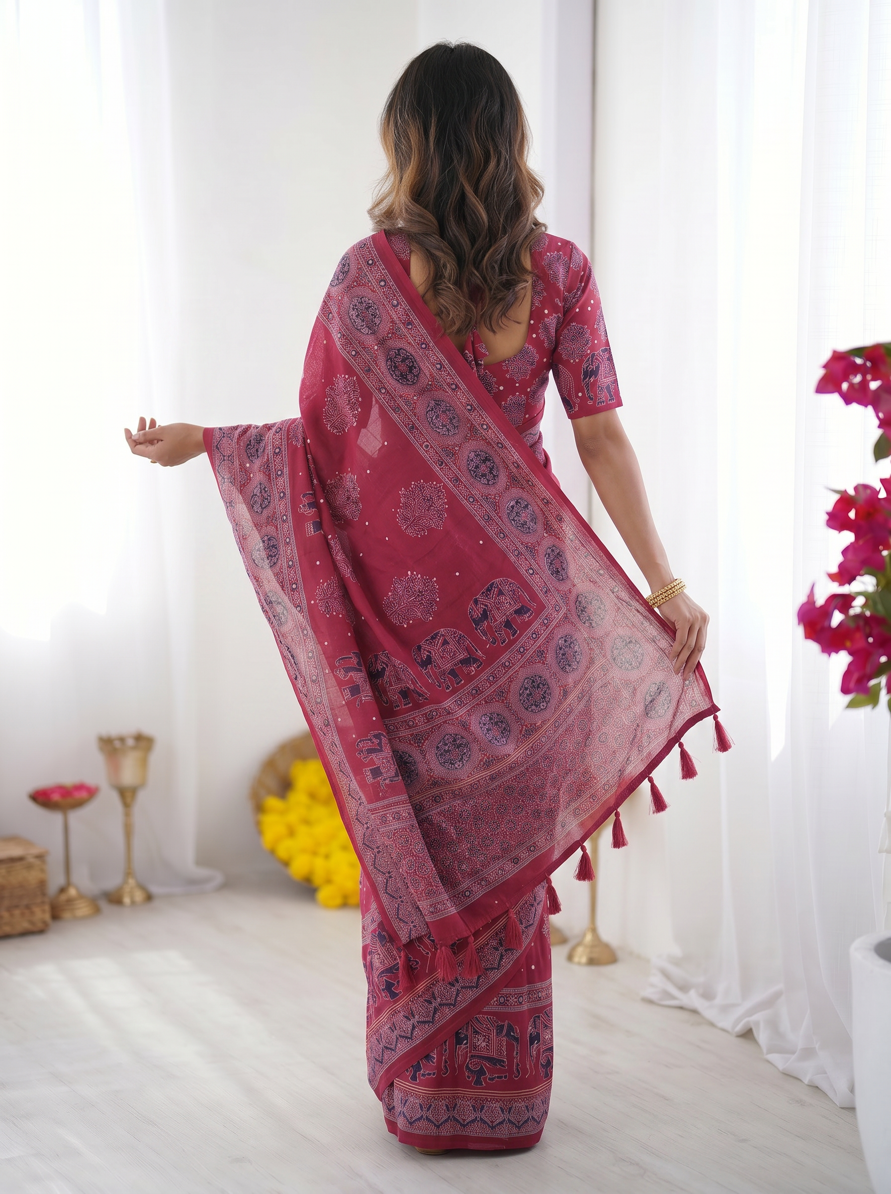 Rani Pink Modal Silk Saree with Elephant Motif Ajrakh Print & Designer Pallu | Festive Ethnic Wear Saree