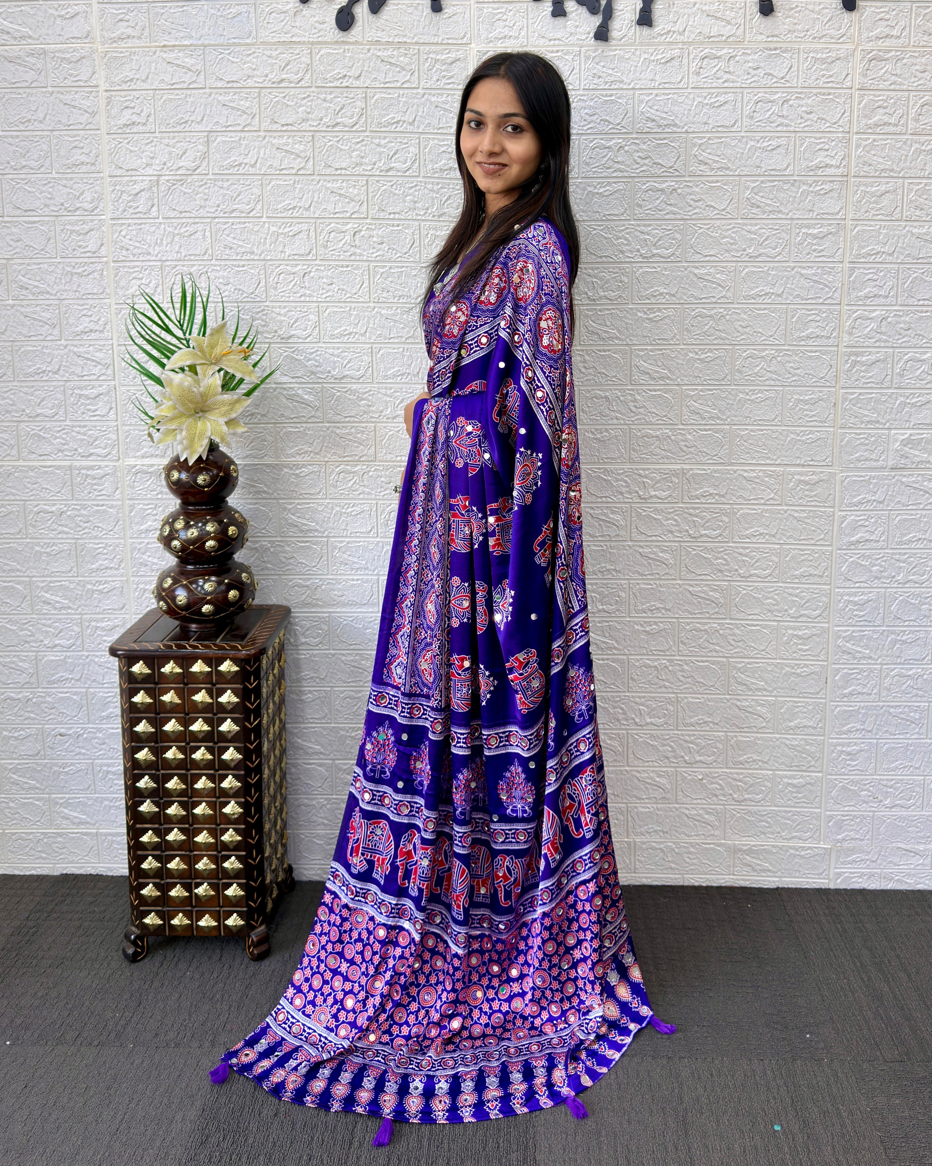 Ajrakh Print Saree Royal Purple Modal Silk with Elephant Motifs, Designer Pallu & Tassels | Festive & Ethnic Wear Saree