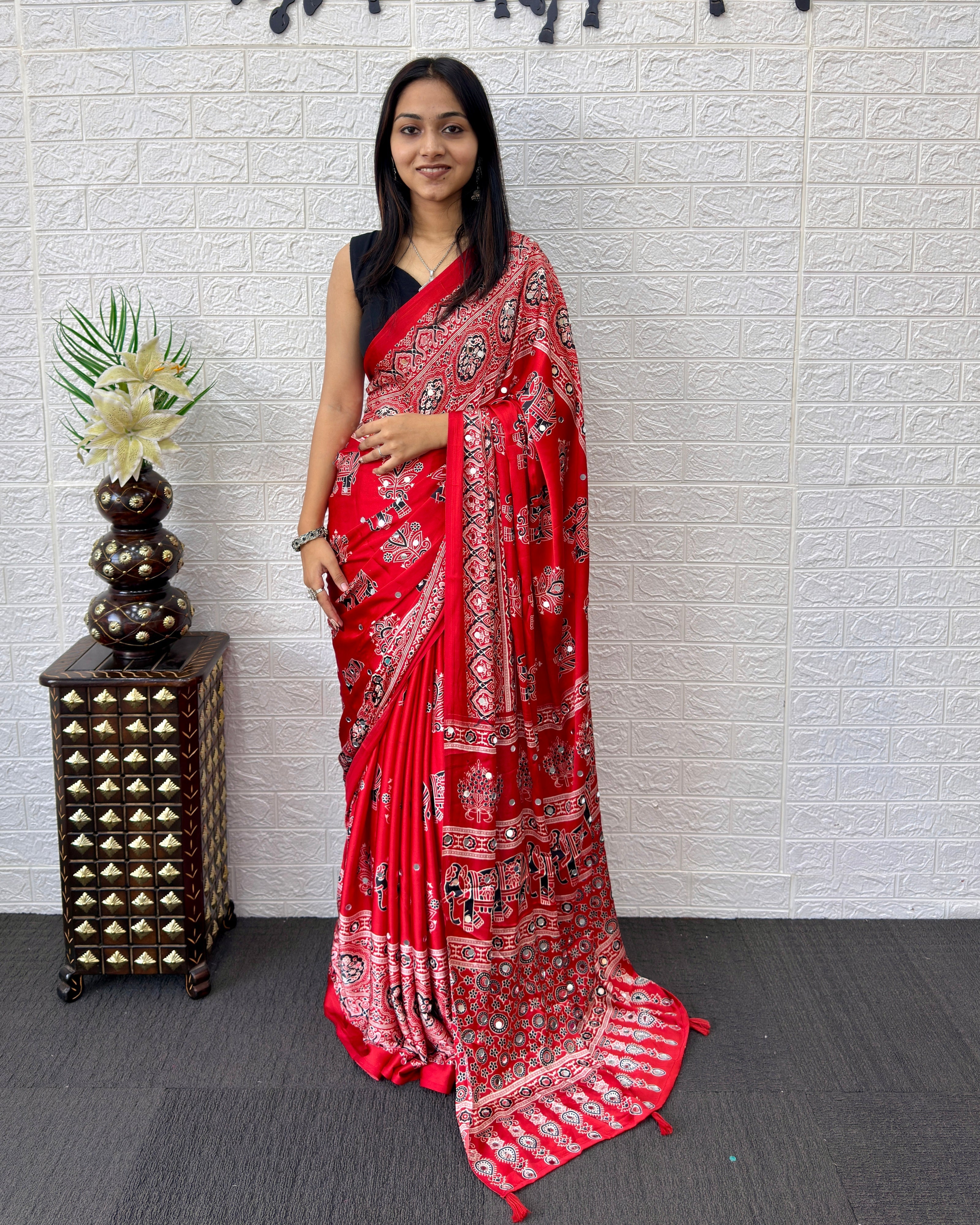 Rust Red Modal Silk Saree with Elephant Motif Ajrakh Print & Designer Pallu | Traditional Ethnic Festive Wear Saree