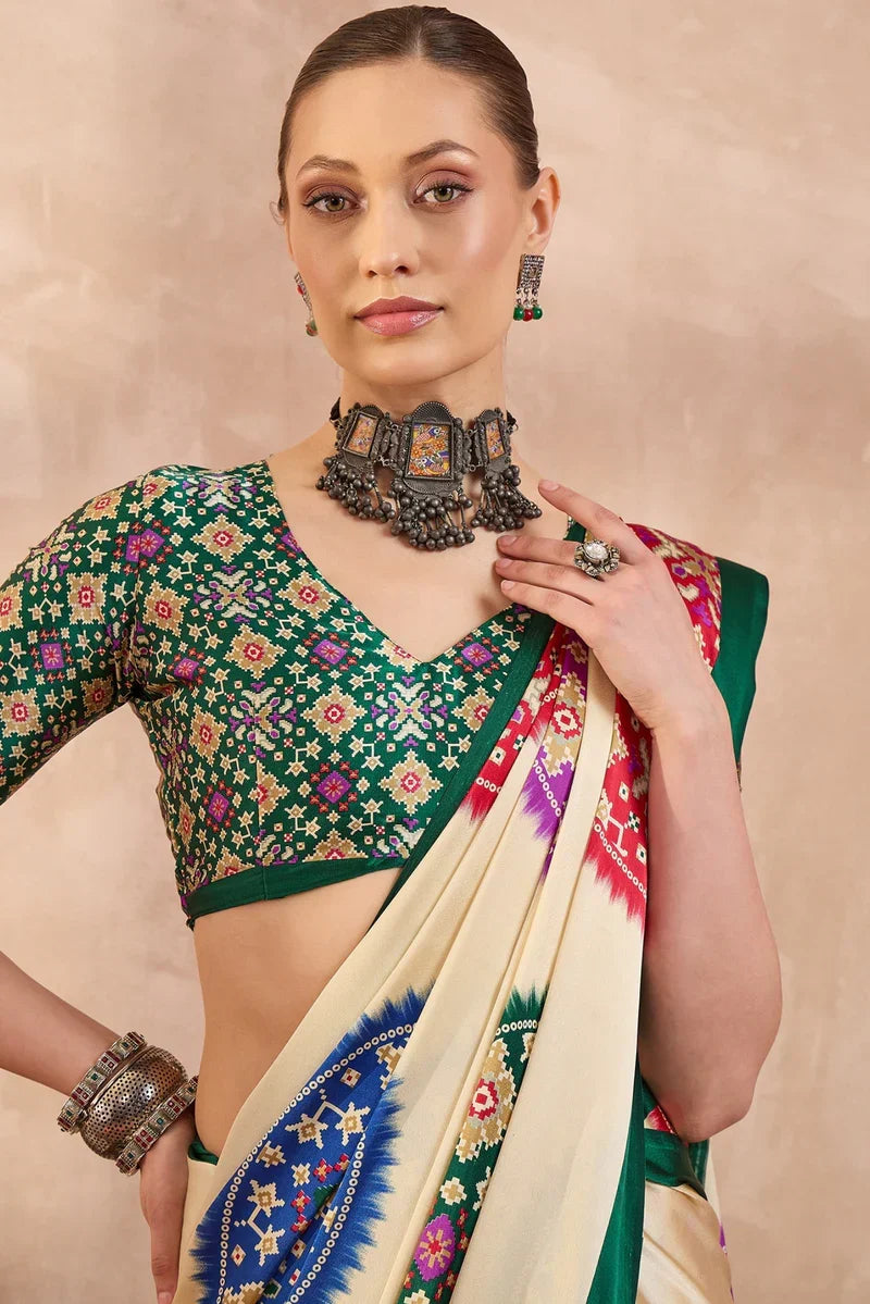 Cream Modal Silk Saree with Multicolor Patola-Inspired Print & Emerald Green Border | Traditional Festive Wear Saree