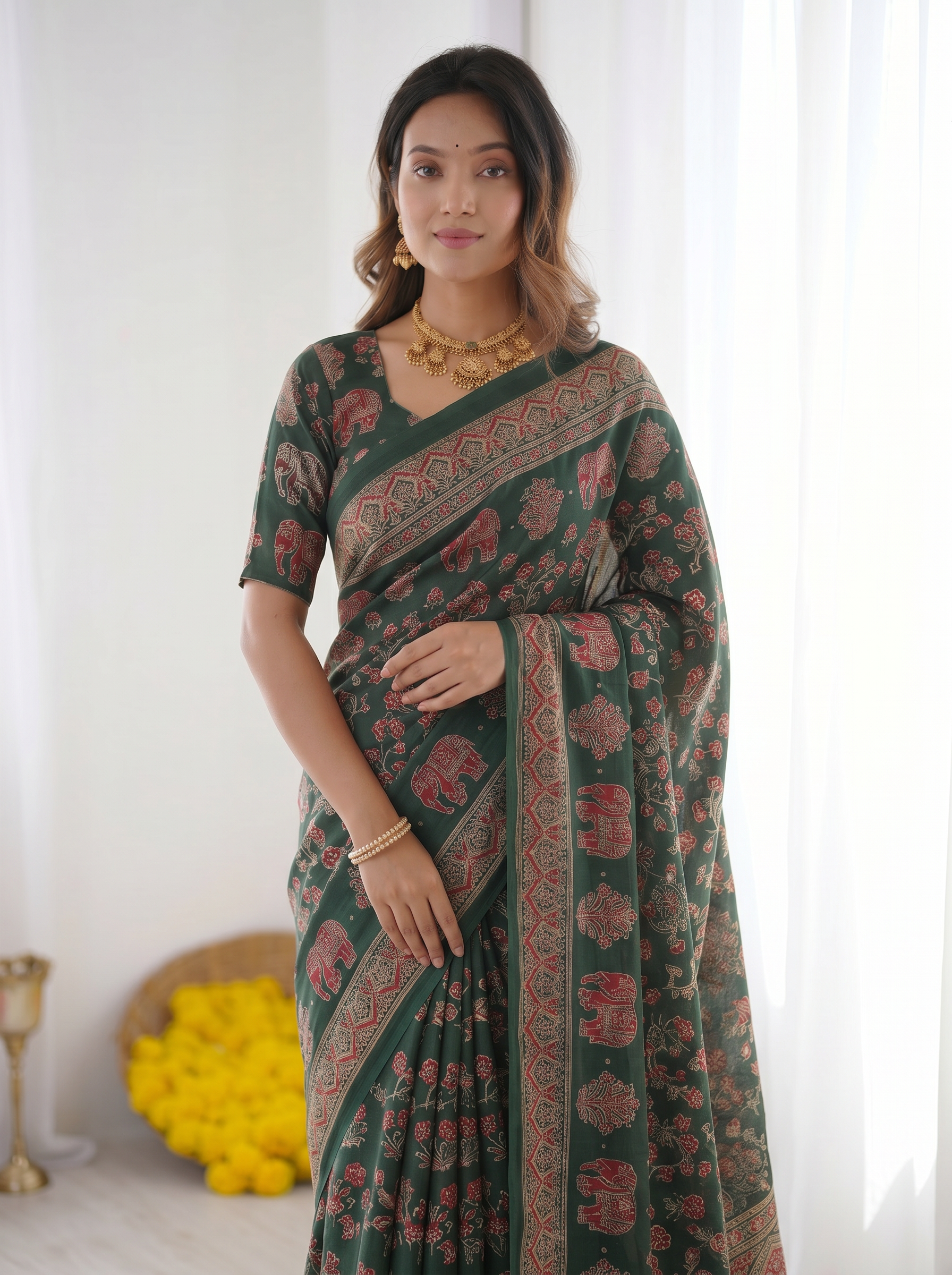Forest Green Modal Silk Saree with Elephant Motif Ajrakh Print & Designer Heritage Pallu | Traditional Festive Wear Saree