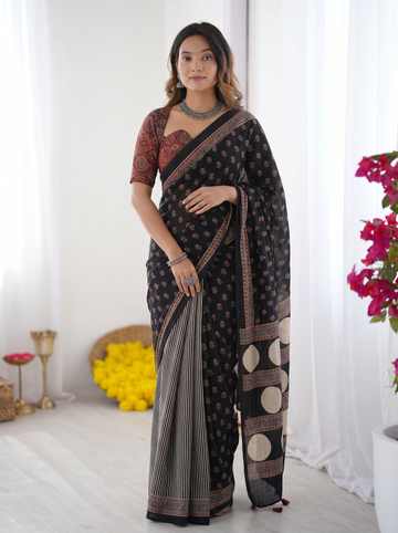 Black Modal Silk Saree with Floral Butti Prints, Striped Pleats & Statement Geometric Designer Pallu