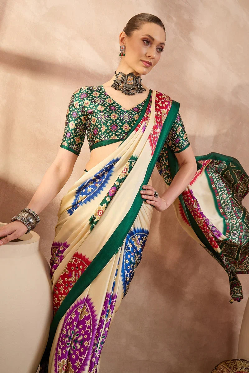 Cream Modal Silk Saree with Multicolor Patola-Inspired Print & Emerald Green Border | Traditional Festive Wear Saree